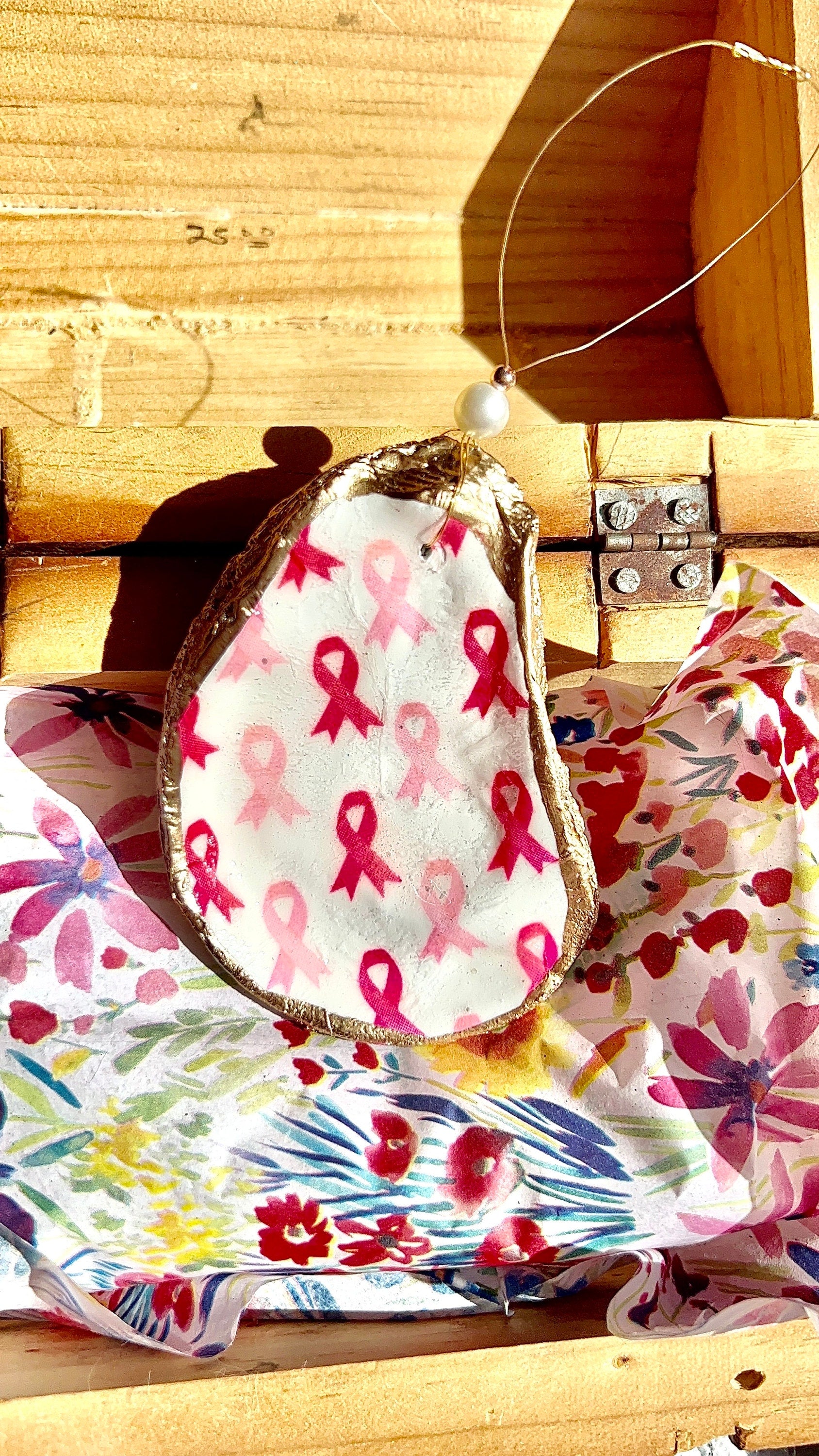 Breast cancer survivor oyster shell Ornament. Pink ribbon Seashell christmas ornament. Cancer survivor Christmas Ornament. Coastal Christmas
