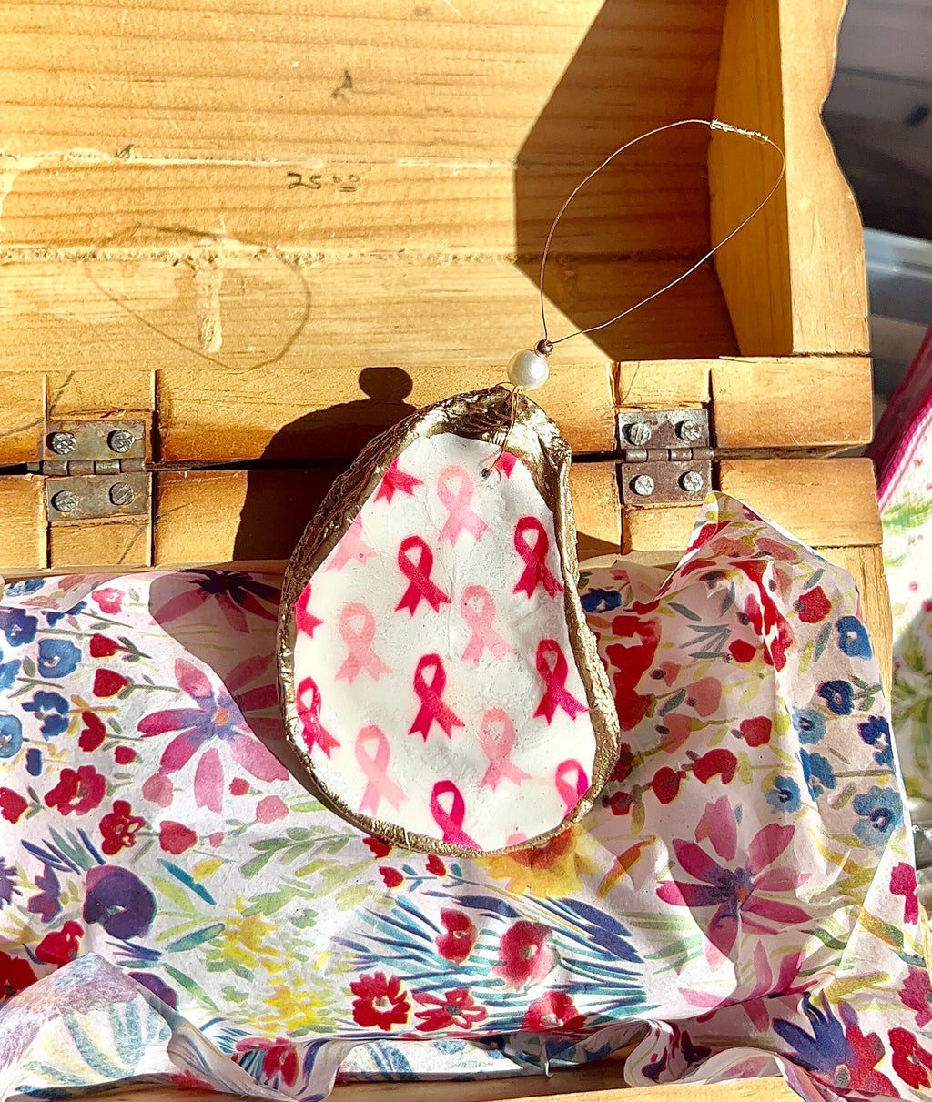 Breast cancer survivor oyster shell Ornament. Pink ribbon Seashell christmas ornament. Cancer survivor Christmas Ornament. Coastal Christmas
