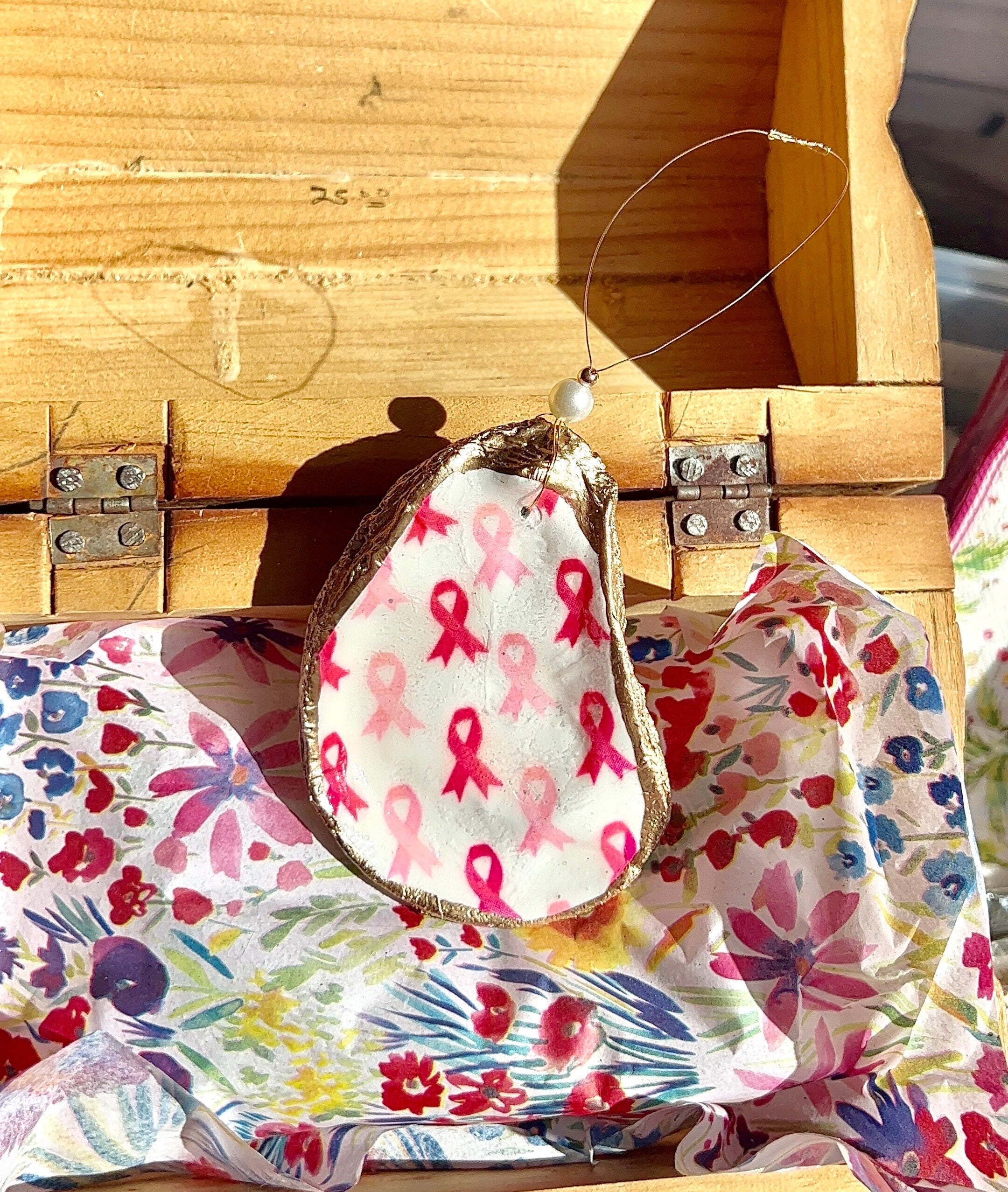 Breast cancer survivor oyster shell Ornament. Pink ribbon Seashell christmas ornament. Cancer survivor Christmas Ornament. Coastal Christmas