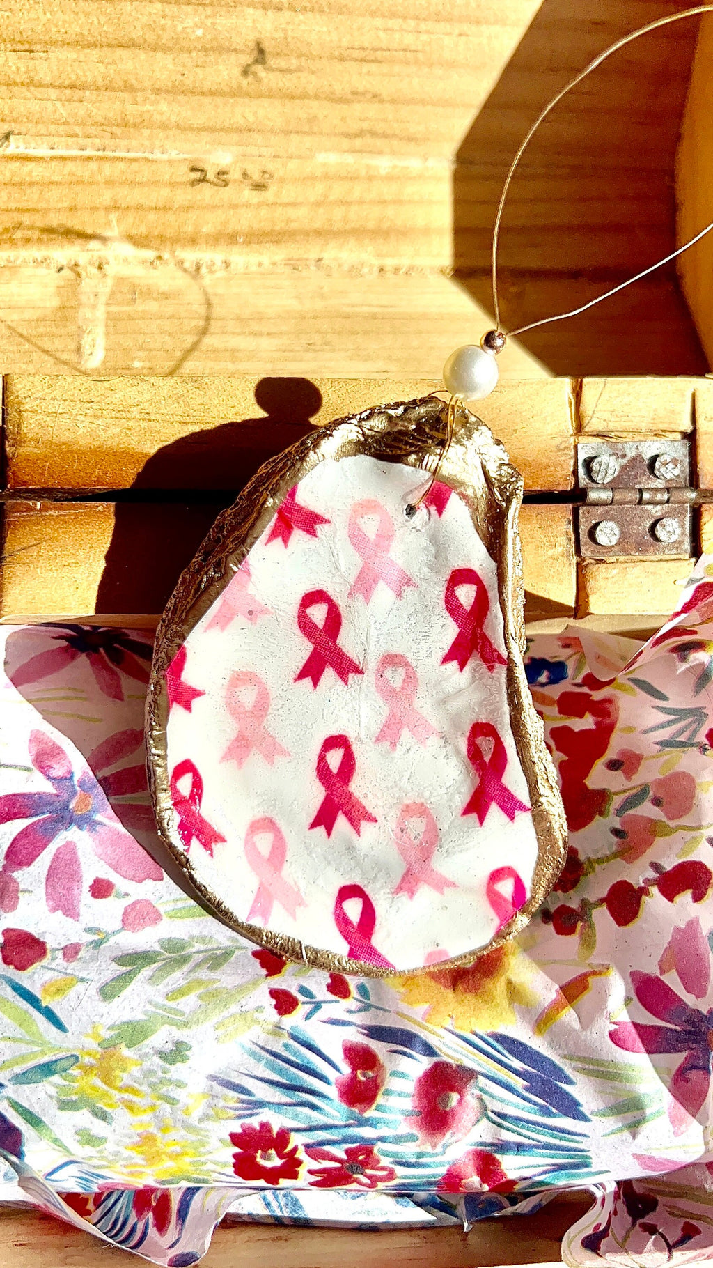 Breast cancer survivor oyster shell Ornament. Pink ribbon Seashell christmas ornament. Cancer survivor Christmas Ornament. Coastal Christmas