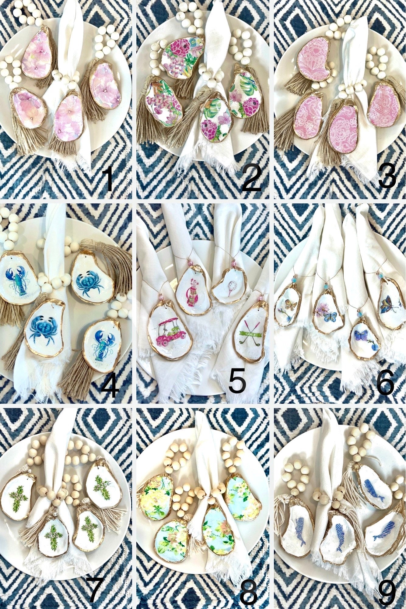 Palm beach table decor idea shell napkin ring. Palm beach wedding table setting tropical aesthetic. Palm Beach gala dinner party decor idea