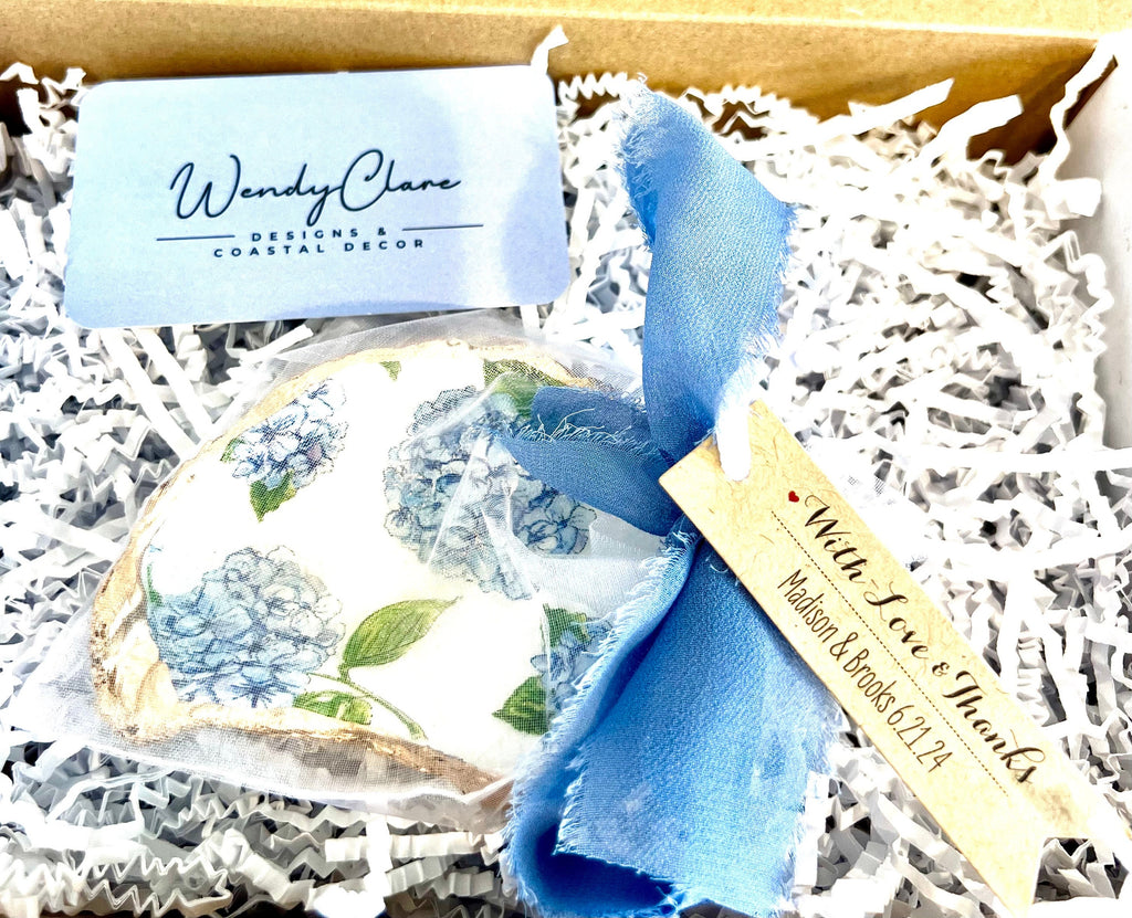 BLUE HYDRANGEA oyster ring dish beachy wedding party favor. Cape Cod party favor shell dish. Nantucket beach party shell gift trinket dish.
