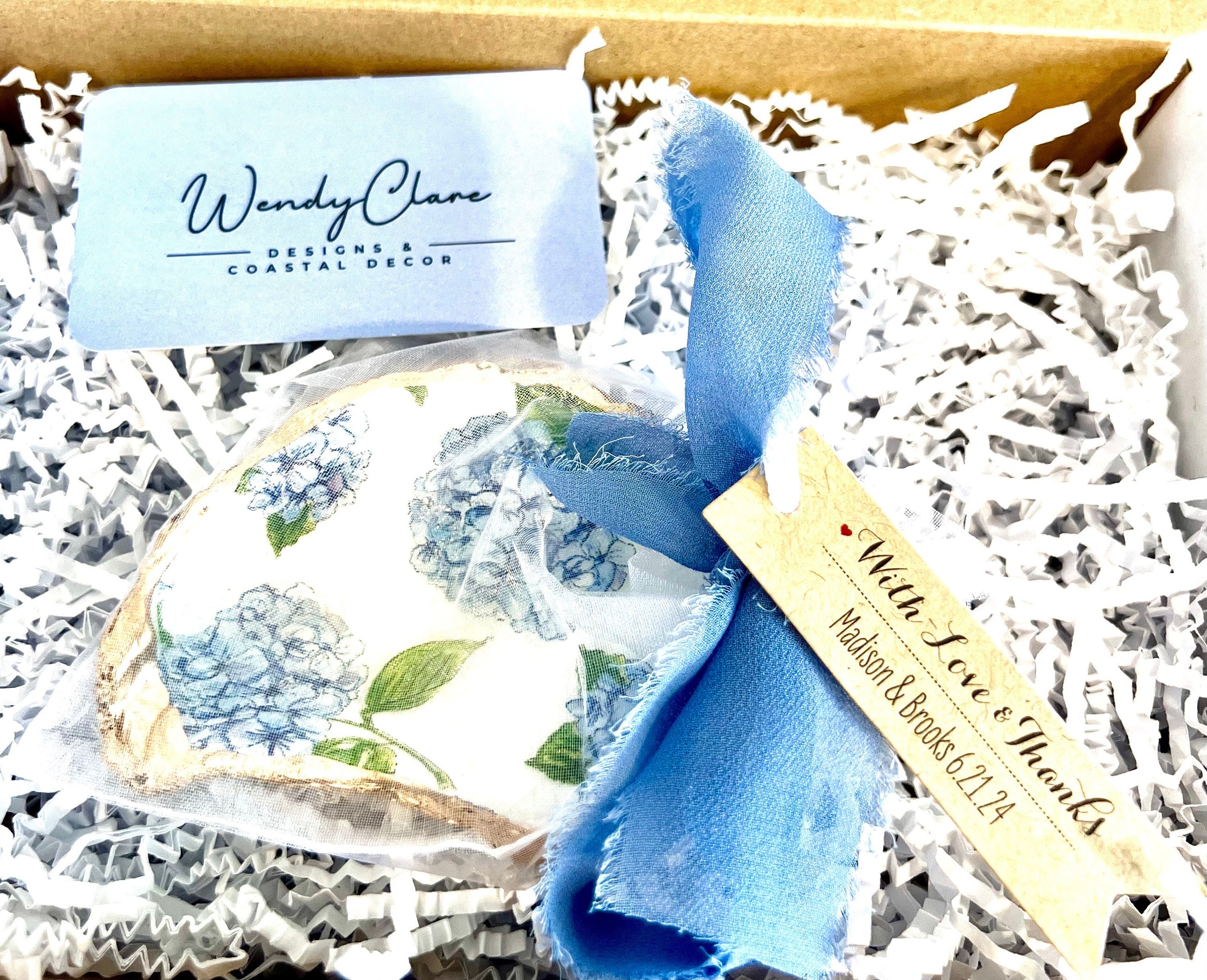 BLUE HYDRANGEA oyster ring dish beachy wedding party favor. Cape Cod party favor shell dish. Nantucket beach party shell gift trinket dish.