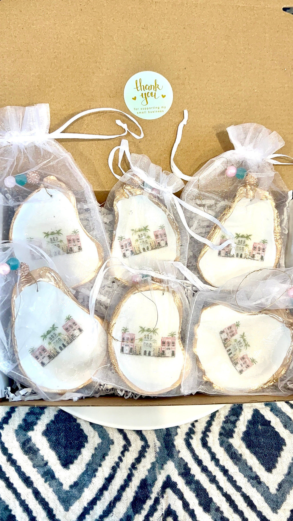 Charleston rainbow row with white background oyster shell Christmas ornament