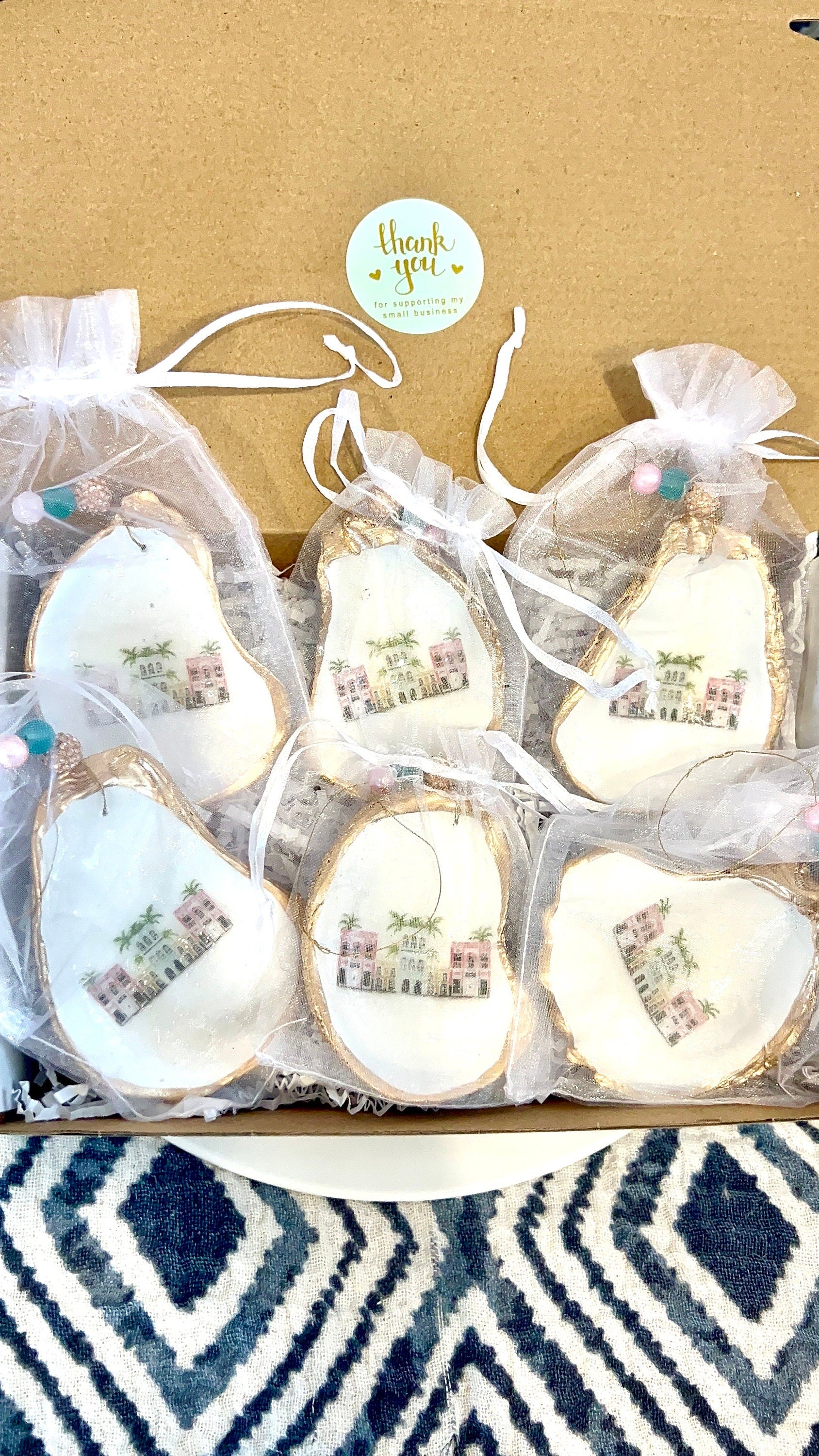 Charleston rainbow row with white background oyster shell Christmas ornament