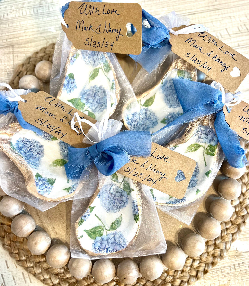BLUE HYDRANGEA oyster ring dish beachy wedding party favor. Cape Cod party favor shell dish. Nantucket beach party shell gift trinket dish.
