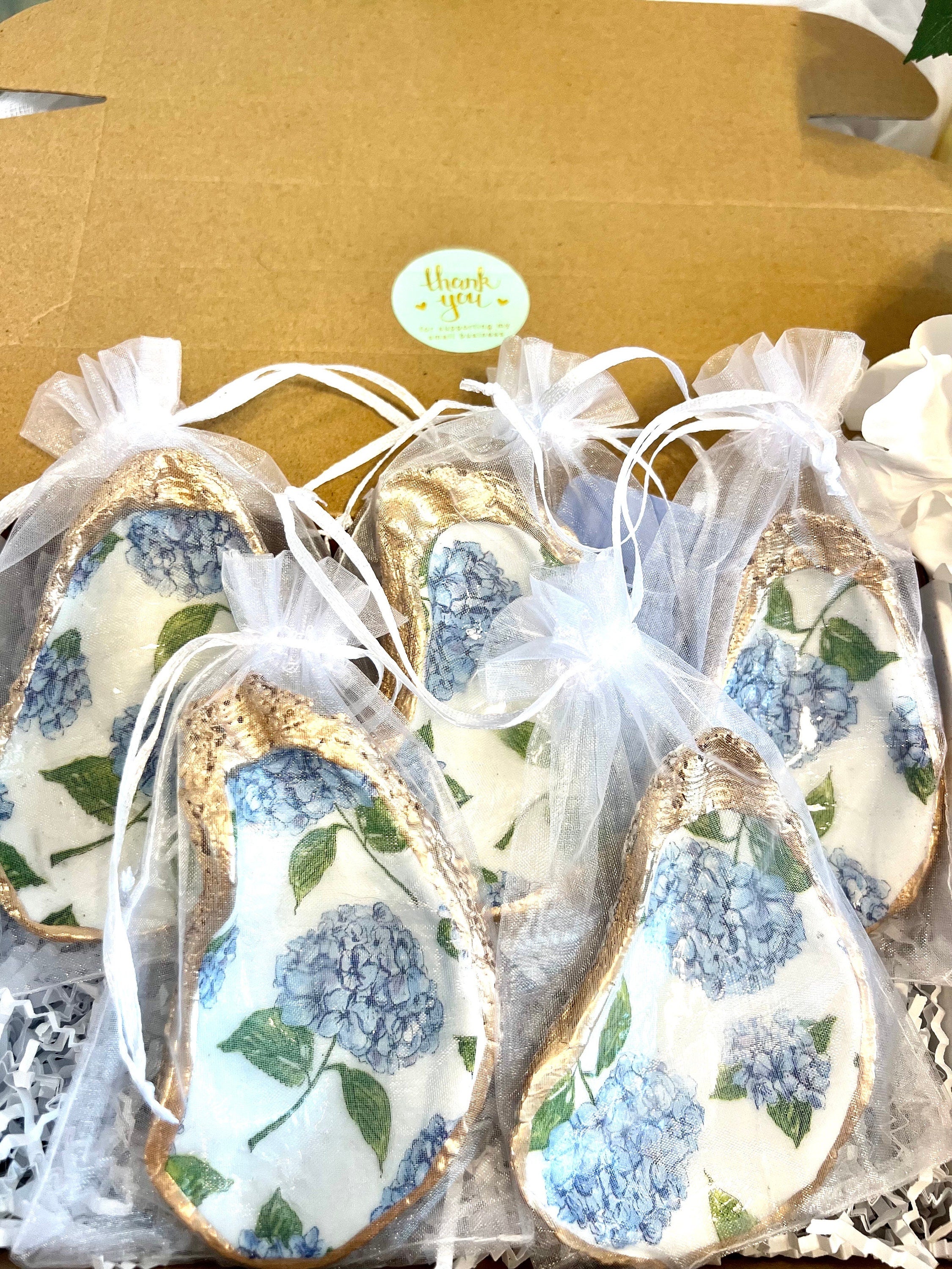 BLUE HYDRANGEA oyster ring dish beachy wedding party favor. Cape Cod party favor shell dish. Nantucket beach party shell gift trinket dish.