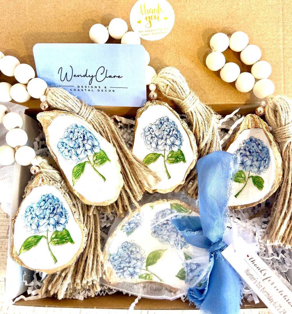 BLUE HYDRANGEA oyster ring dish beachy wedding party favor. Cape Cod party favor shell dish. Nantucket beach party shell gift trinket dish.