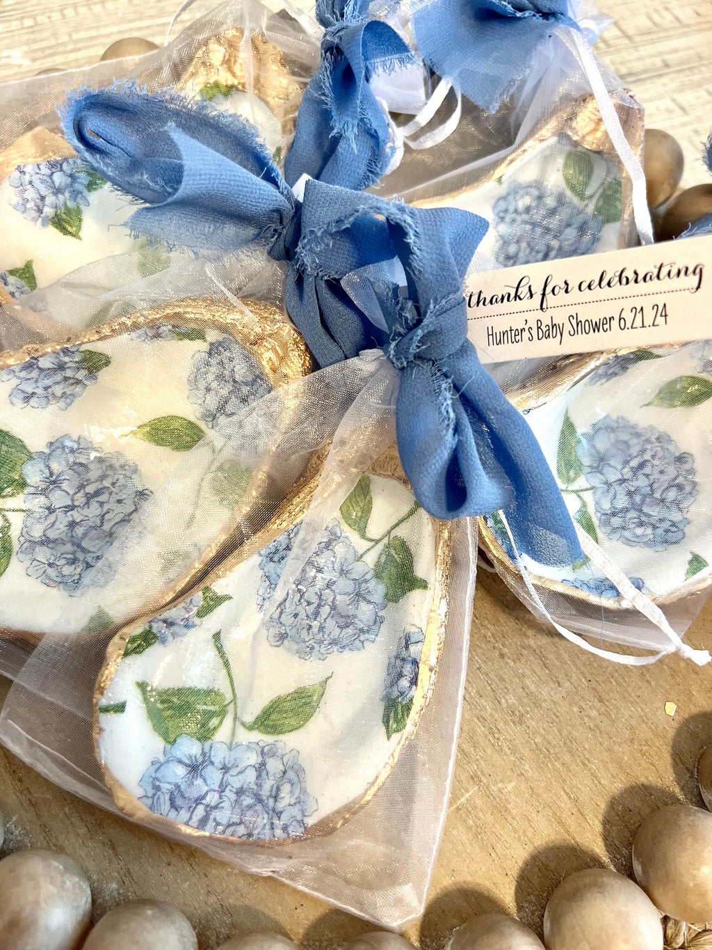 BLUE HYDRANGEA oyster ring dish beachy wedding party favor. Cape Cod party favor shell dish. Nantucket beach party shell gift trinket dish.