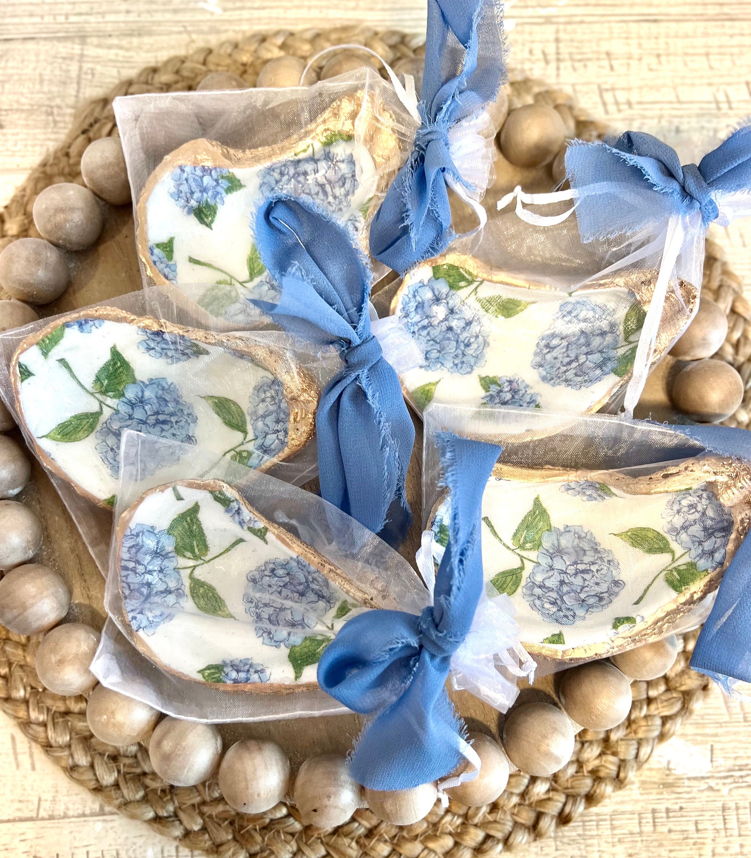 BLUE HYDRANGEA oyster ring dish beachy wedding party favor. Cape Cod party favor shell dish. Nantucket beach party shell gift trinket dish.