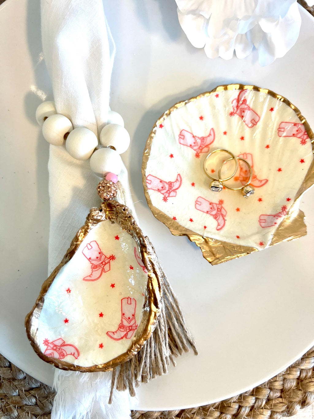 Coastal Cowgirl coquette shell favor idea. Texas gift idea shell ring dish. Coastal Cowgirl party favor idea. Brides last ride party favor
