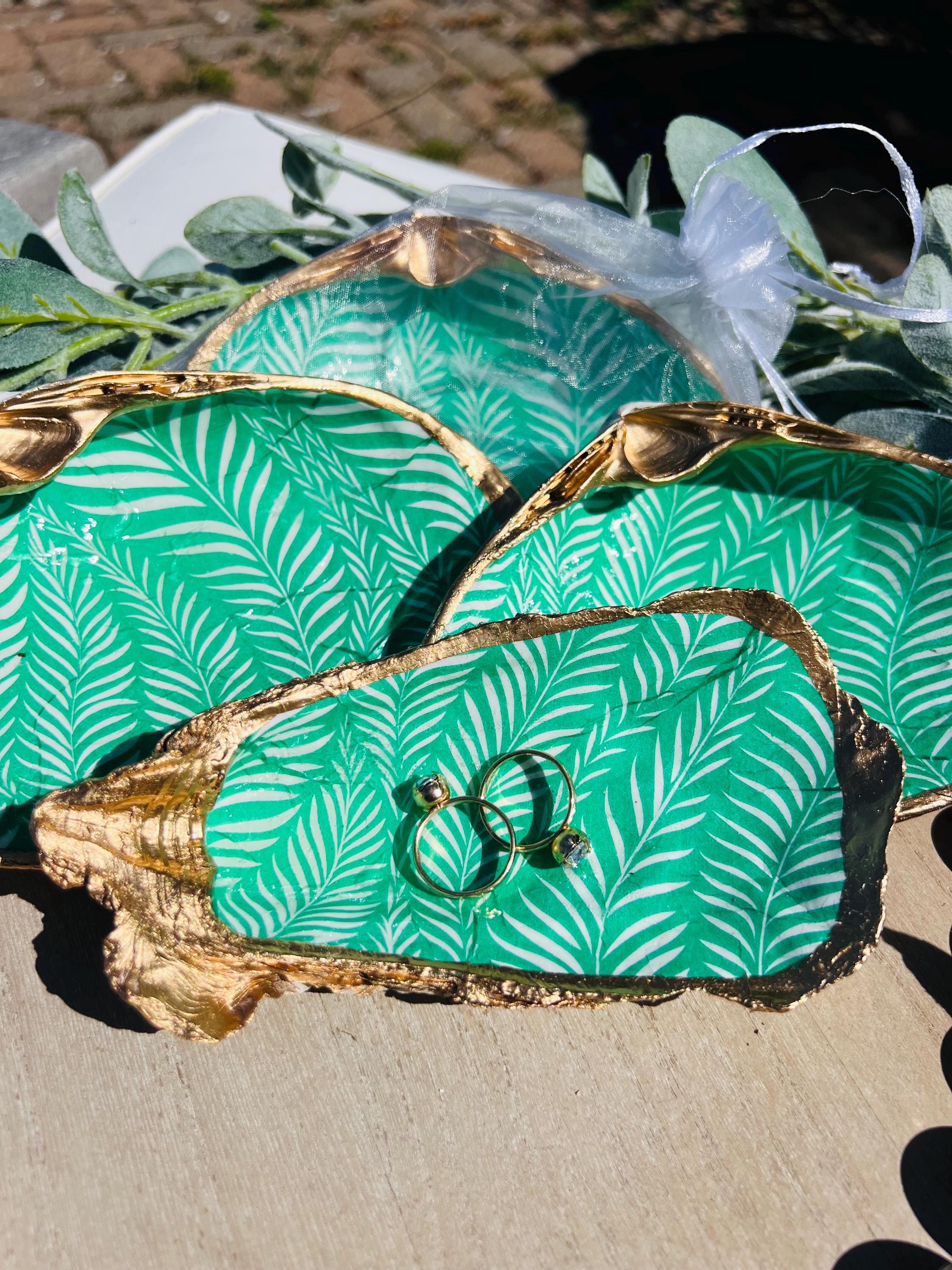 GREEN & WHITE tropical shell ring dish bridal shower favor. Hand painted shell wedding coastal favor. SAGE green bridesmaid proposal favor