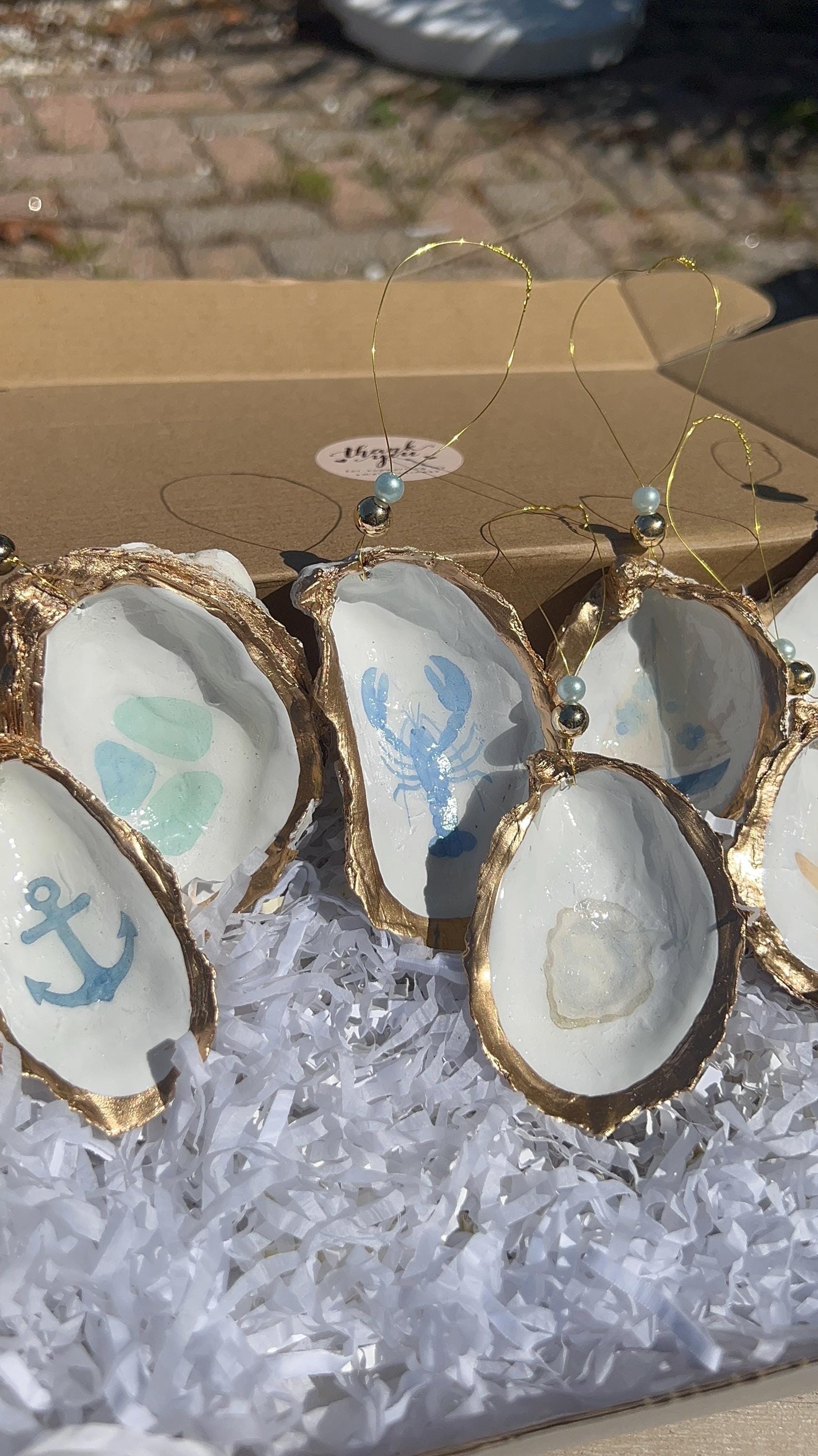 Coastal coquette Oyster Ornament set. Fisherman chic decor East Coast summer ornament. Nantucket summer Oyster shell Christmas ornament set.