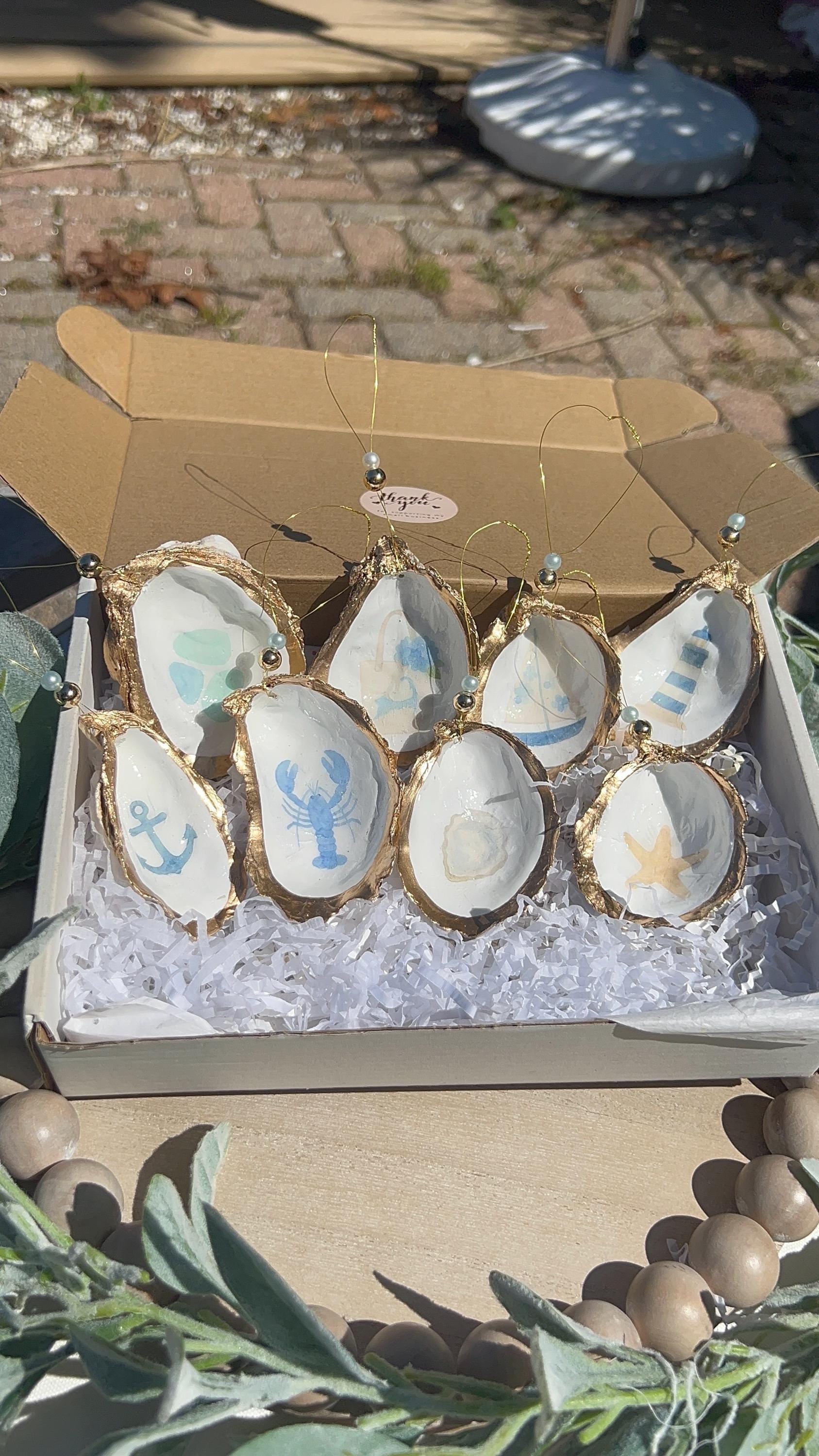 Coastal coquette Oyster Ornament set. Fisherman chic decor East Coast summer ornament. Nantucket summer Oyster shell Christmas ornament set.