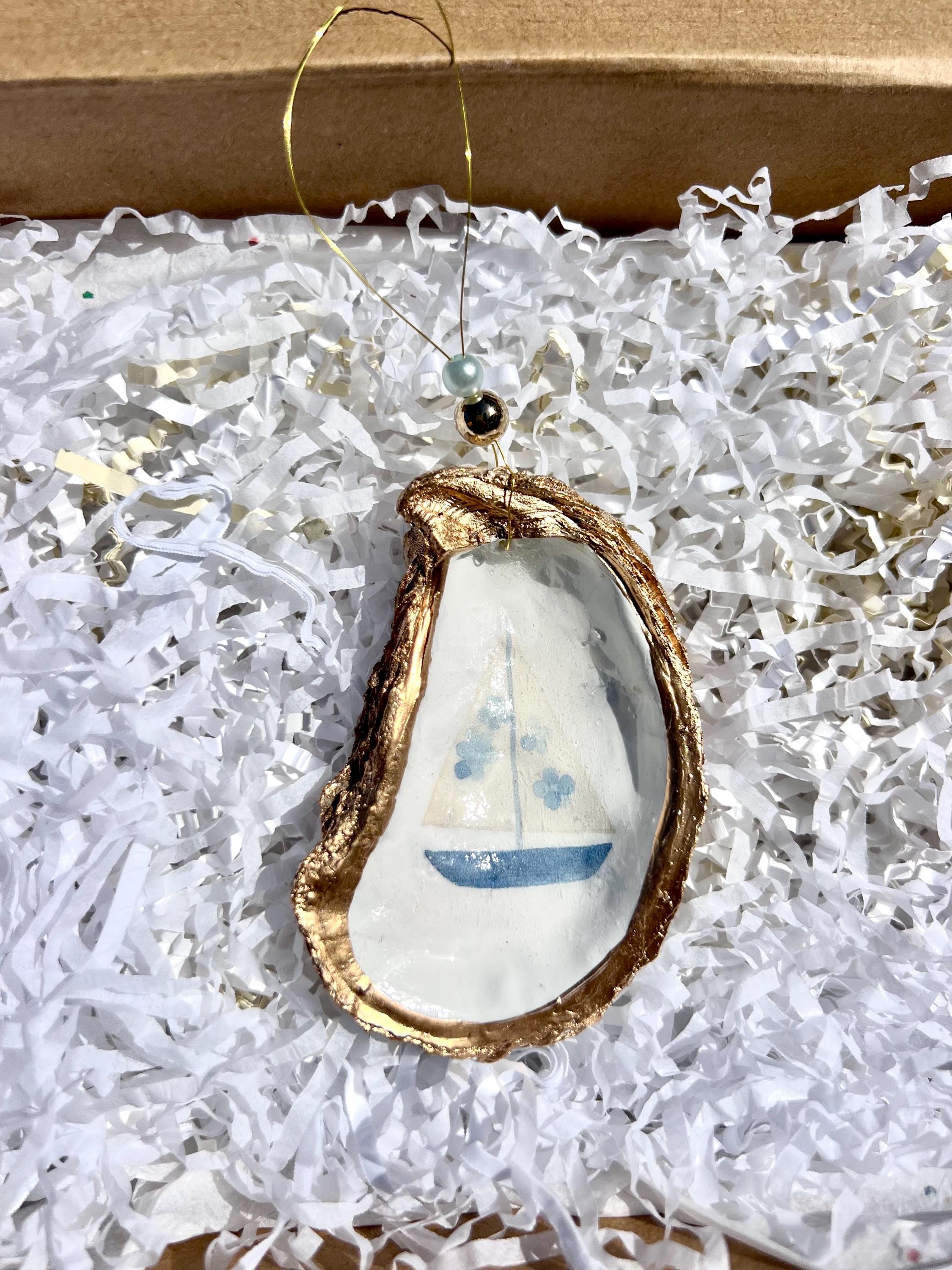 Coastal coquette Oyster Ornament set. Fisherman chic decor East Coast summer ornament. Nantucket summer Oyster shell Christmas ornament set.