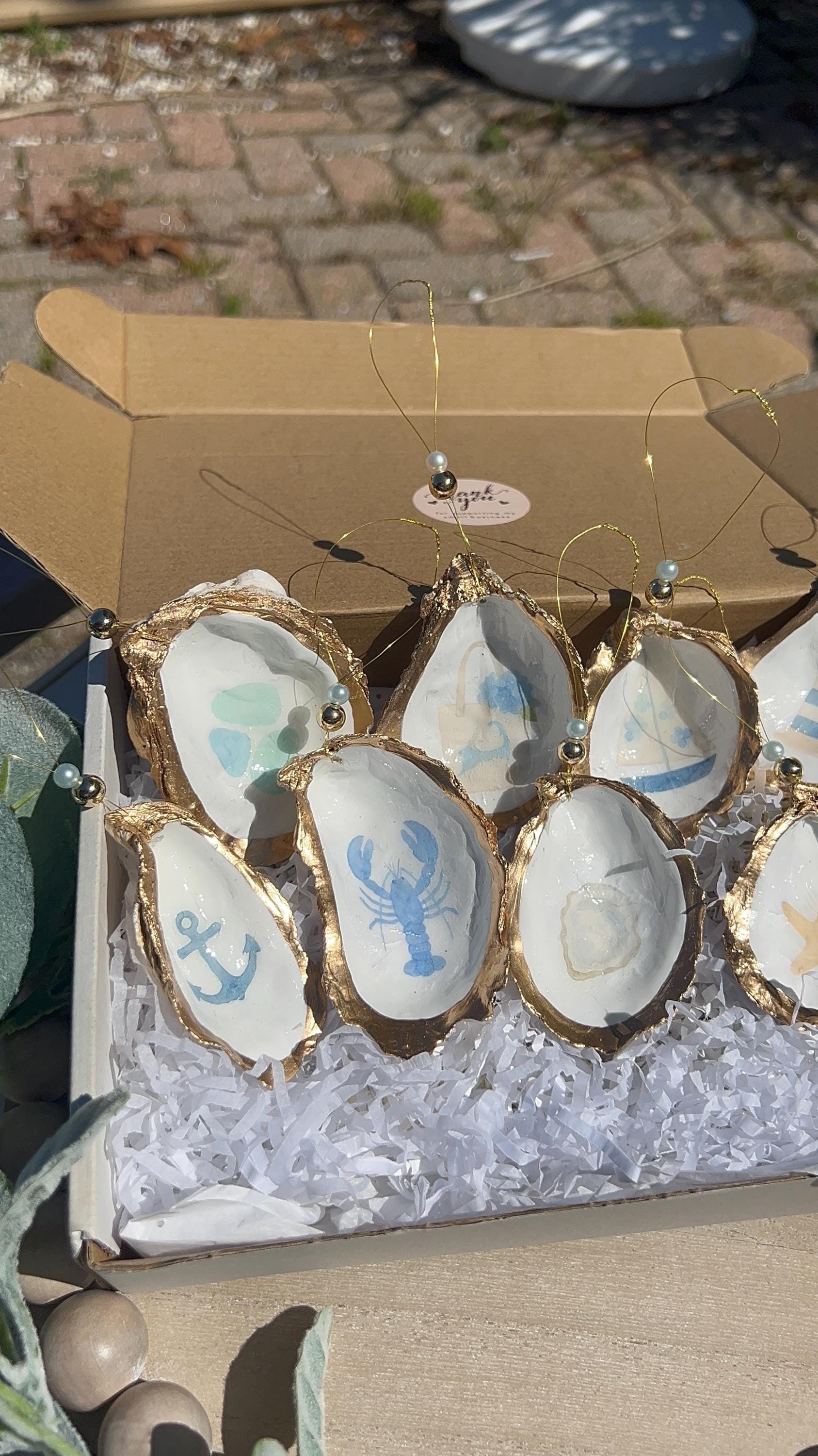 Coastal coquette Oyster Ornament set. Fisherman chic decor East Coast summer ornament. Nantucket summer Oyster shell Christmas ornament set.