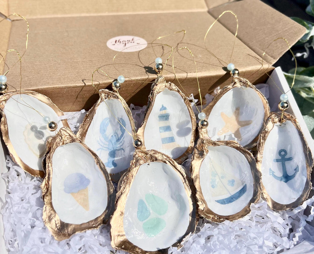Coastal coquette Oyster Ornament set. Fisherman chic decor East Coast summer ornament. Nantucket summer Oyster shell Christmas ornament set.