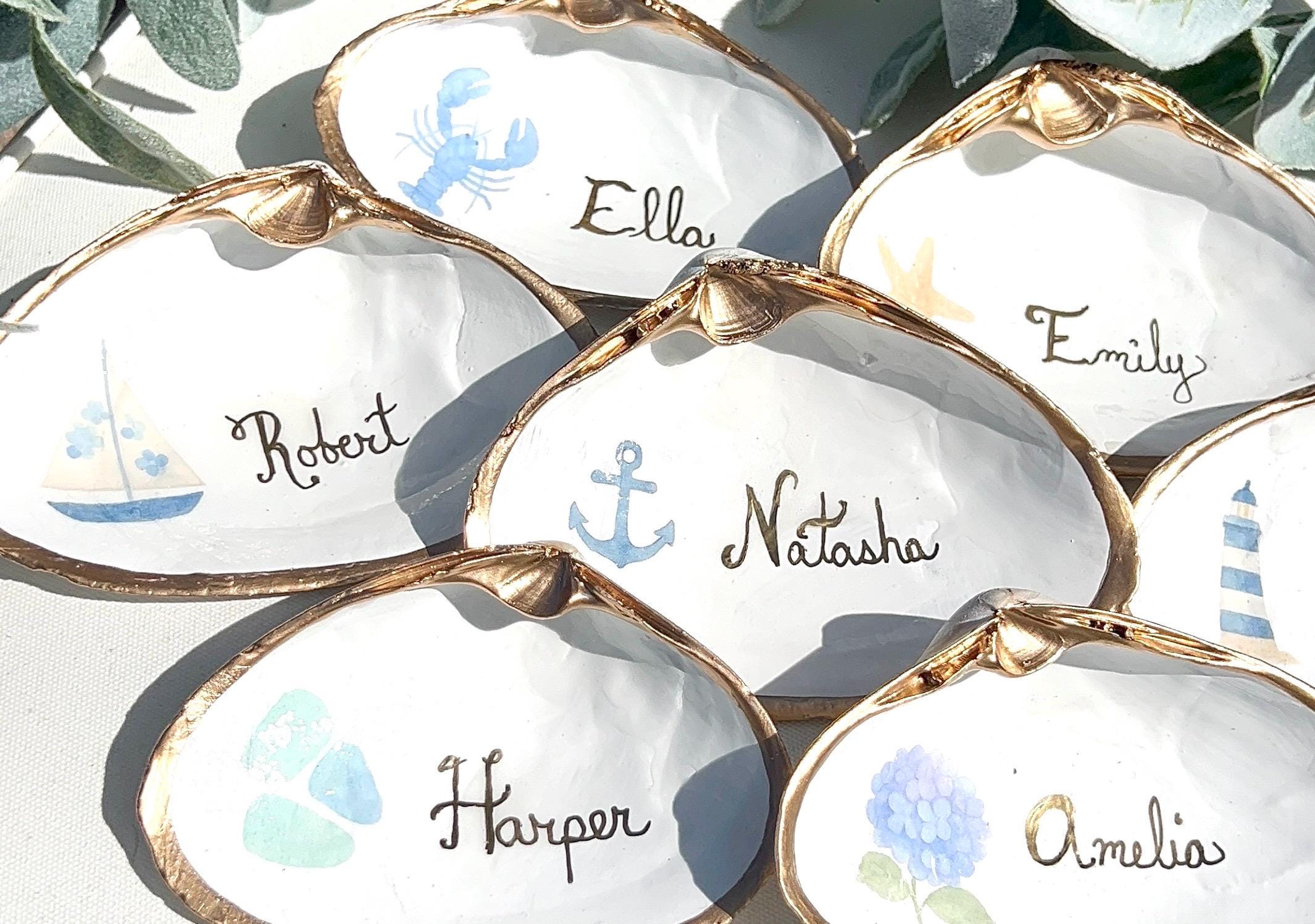 NANTUCKET Wedding Hydrangea Shell Place Card Cape Cod Hydrangea Wedding Favor Bridal Shower Place Setting, Custom Hydrangea Name Shell Dish