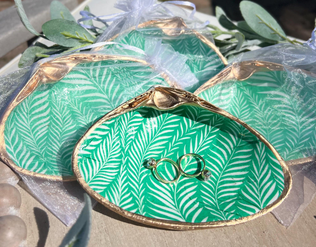 GREEN & WHITE tropical shell ring dish bridal shower favor. Hand painted shell wedding coastal favor. SAGE green bridesmaid proposal favor