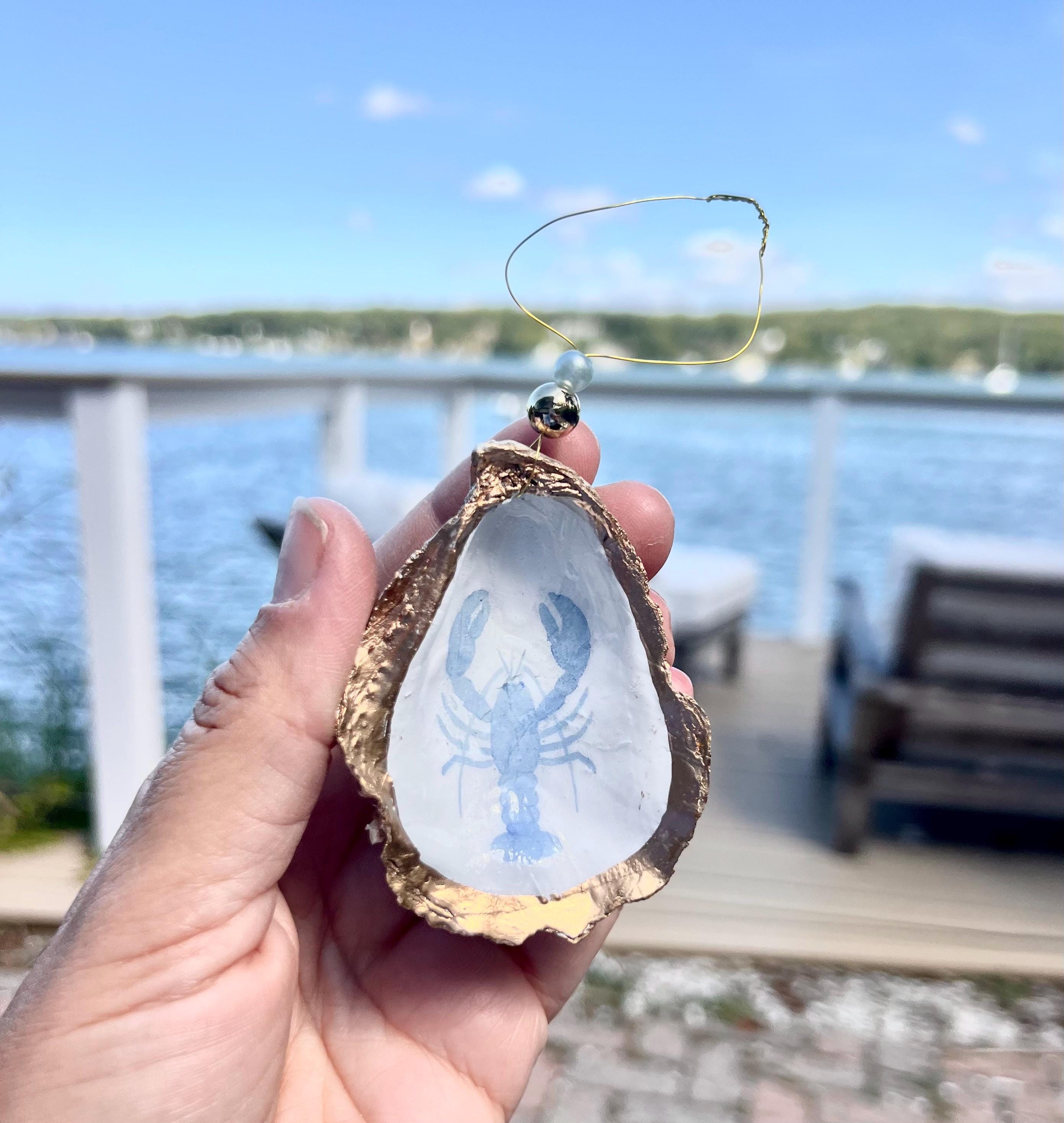 Coastal coquette Oyster Ornament set. Fisherman chic decor East Coast summer ornament. Nantucket summer Oyster shell Christmas ornament set.