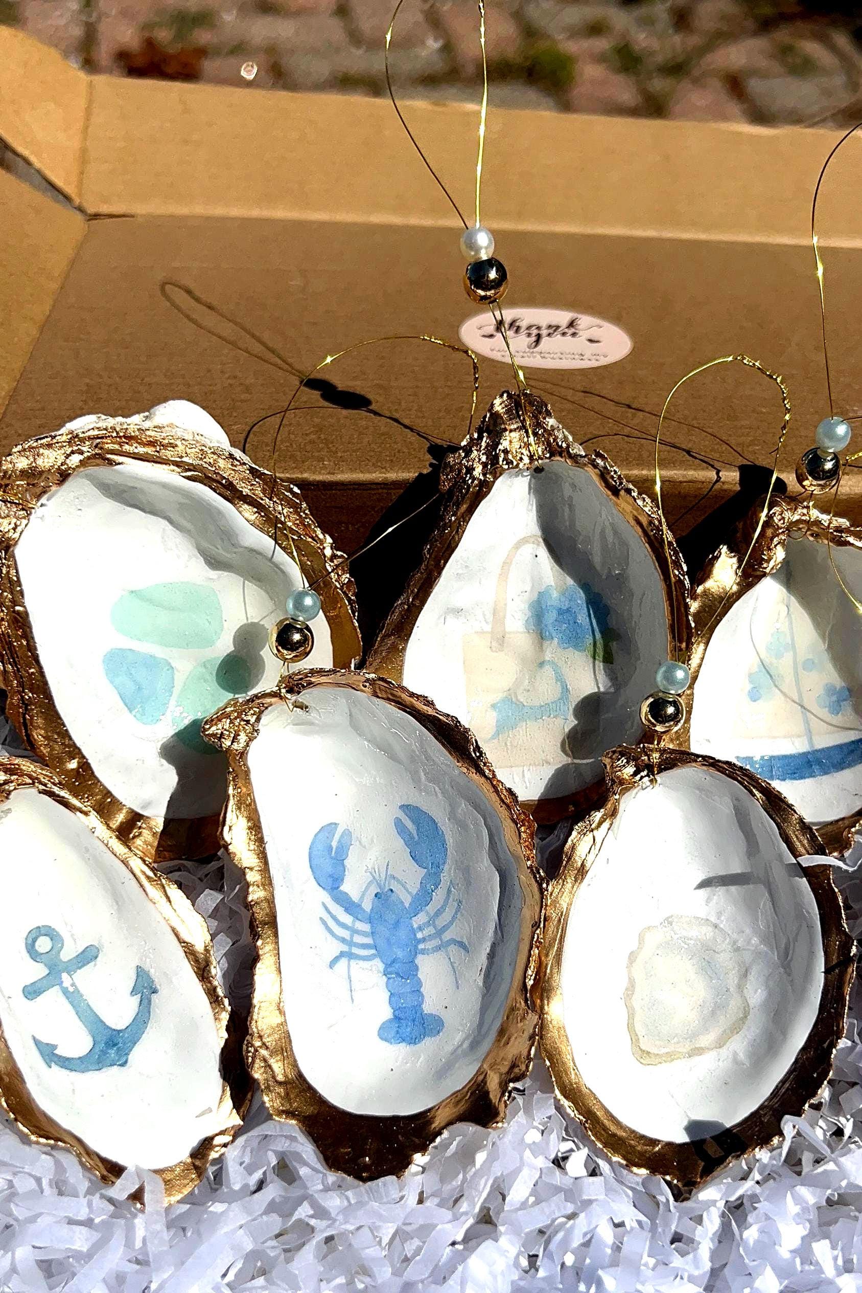 Coastal coquette Oyster Ornament set. Fisherman chic decor East Coast summer ornament. Nantucket summer Oyster shell Christmas ornament set.