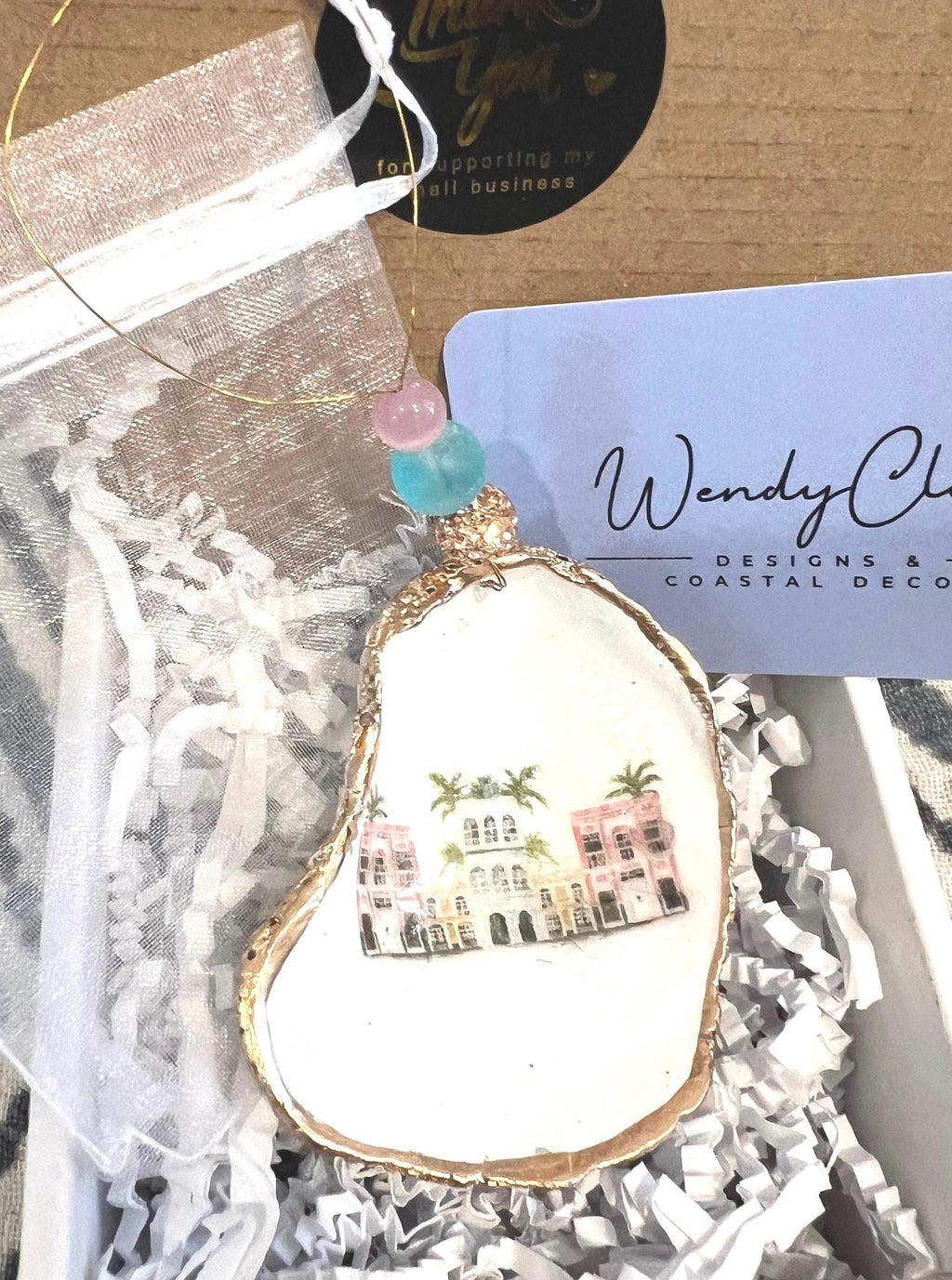 Charleston rainbow row oyster shell ornament with sparkly beads