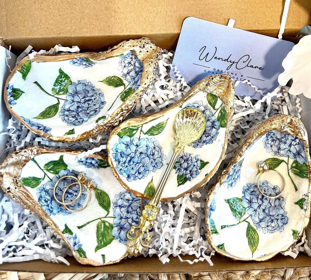 Nantucket blue hydrangeas oyster shell dish party favors with gold leaf paint rim