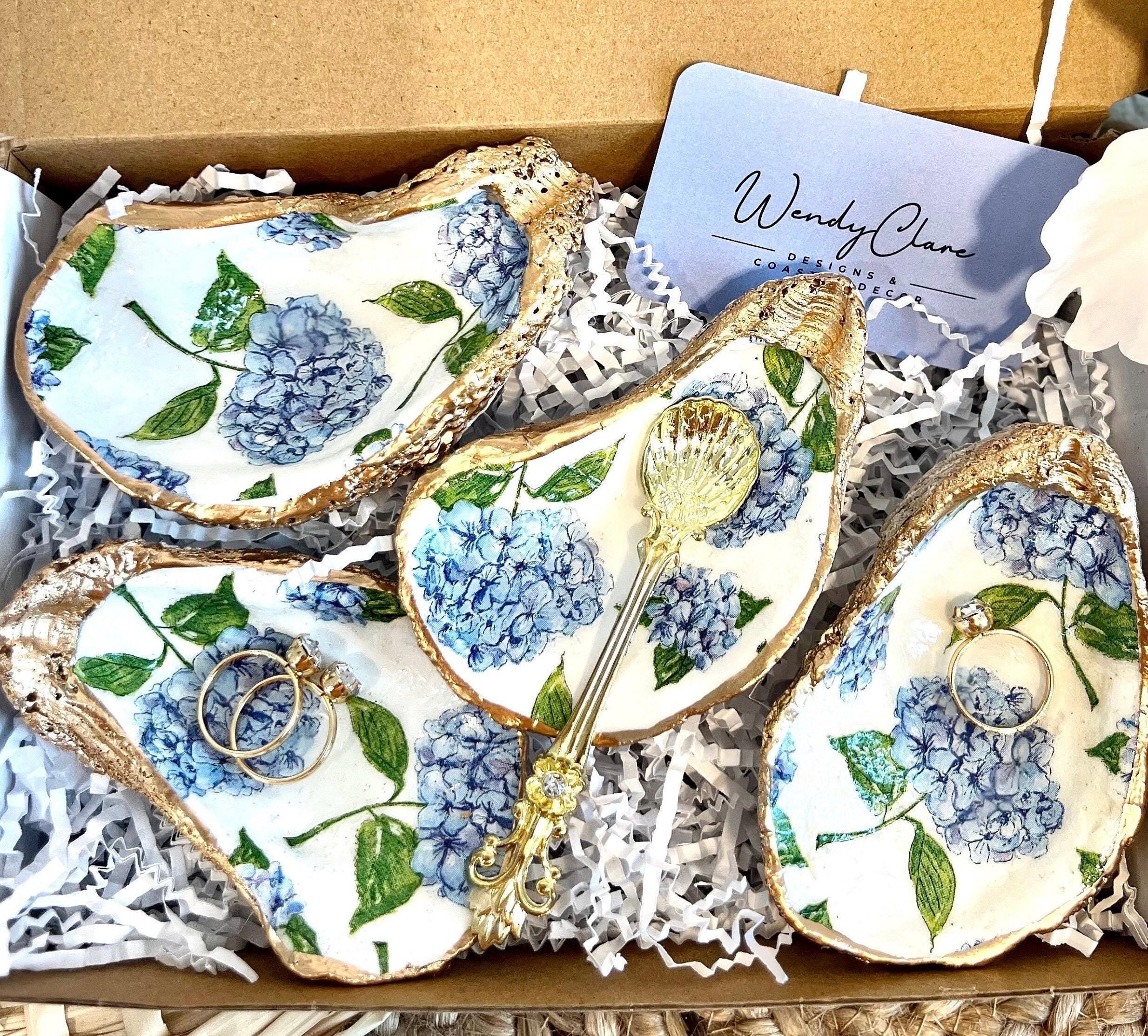 Nantucket blue hydrangeas oyster shell dish party favors with gold leaf paint rim