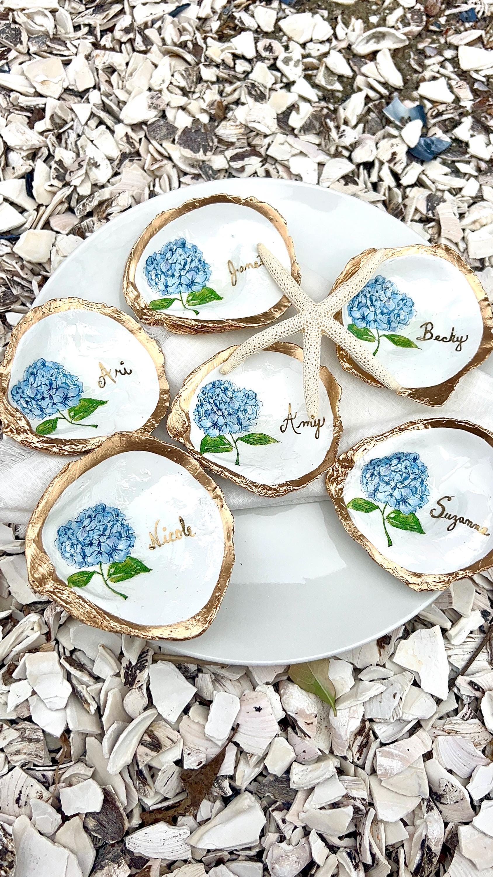 NANTUCKET Wedding Hydrangea Shell Place Card Cape Cod Hydrangea Wedding Favor Bridal Shower Place Setting, Custom Hydrangea Name Shell Dish