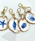 Handpainted Oyster Shell Keychain Bag Charm Coastal Nautical Key Ring, Gold Trim Shell Charm Beach Bachelorette Favor Preppy Ocean Accessory