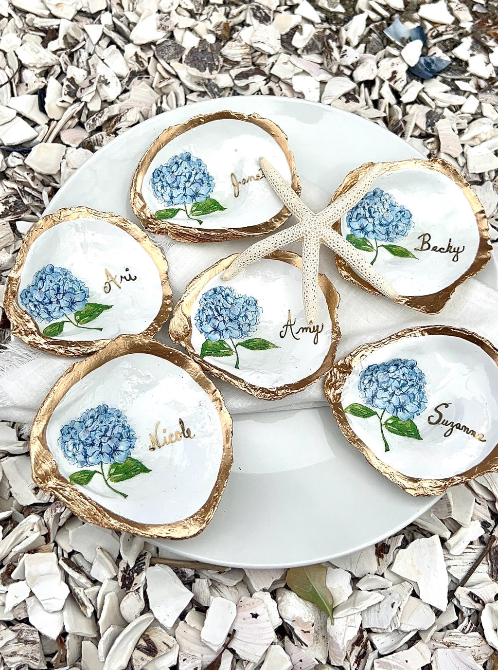 NANTUCKET Wedding Hydrangea Shell Place Card Cape Cod Hydrangea Wedding Favor Bridal Shower Place Setting, Custom Hydrangea Name Shell Dish
