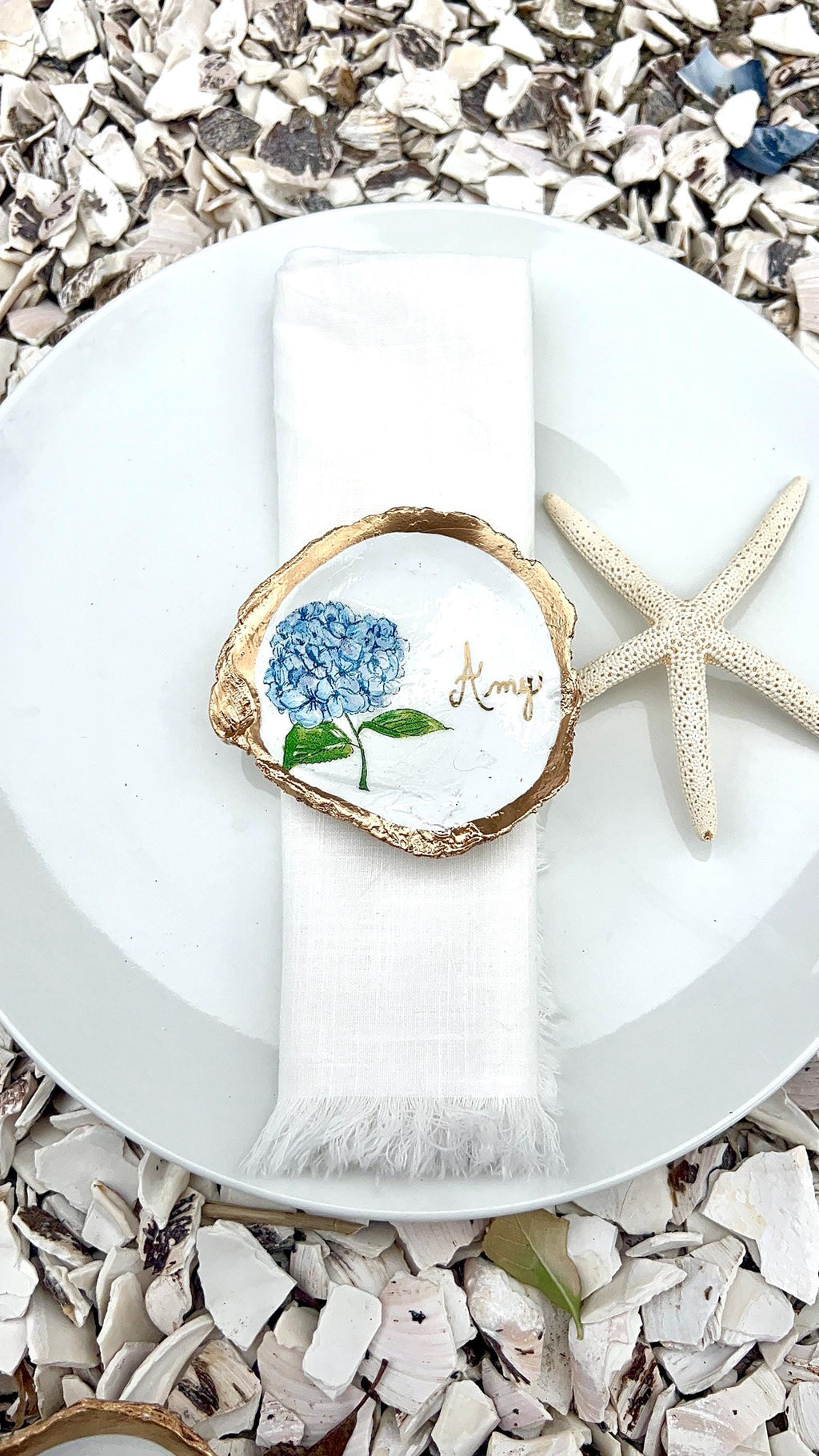 NANTUCKET Wedding Hydrangea Shell Place Card Cape Cod Hydrangea Wedding Favor Bridal Shower Place Setting, Custom Hydrangea Name Shell Dish