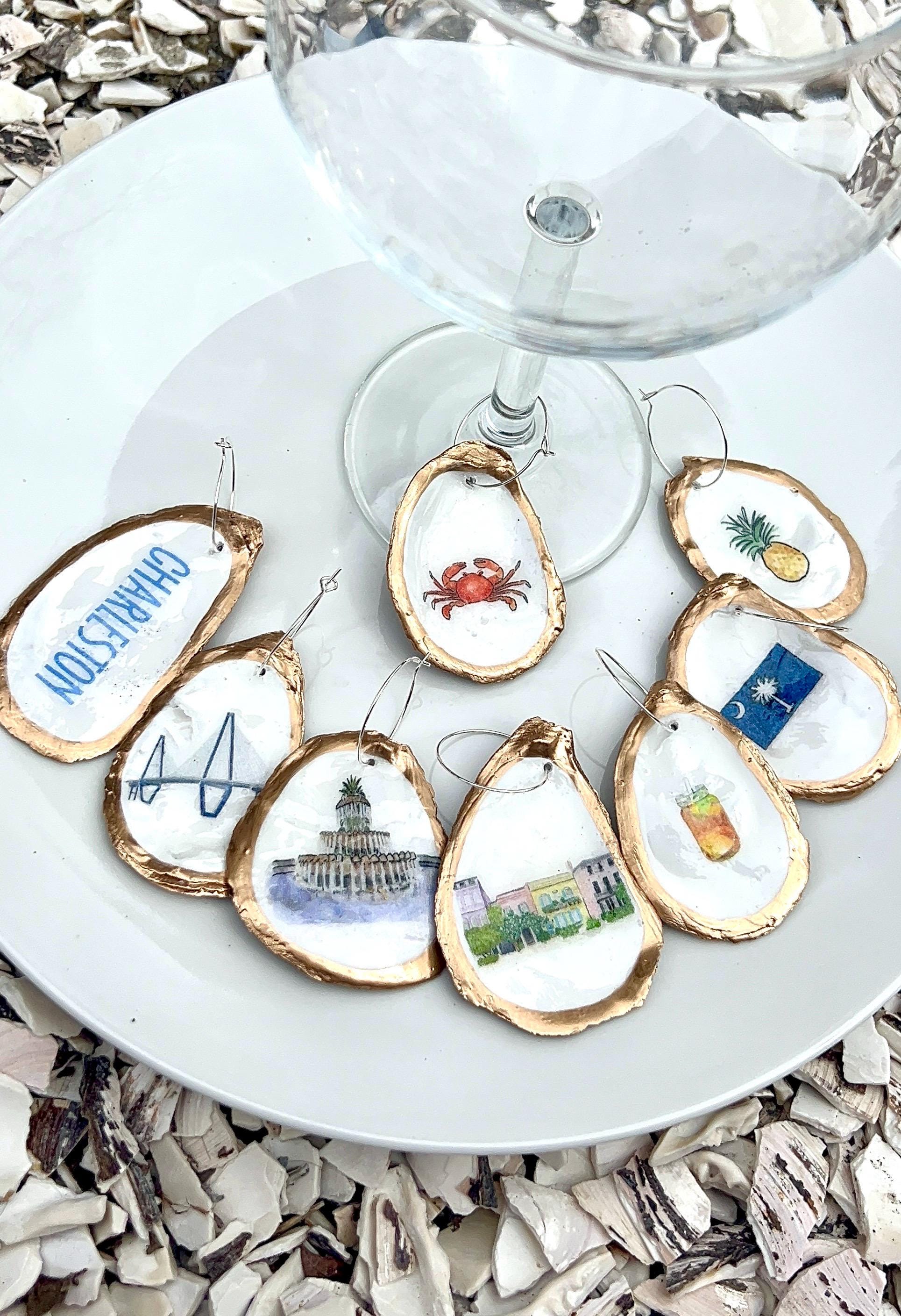 Mahjong Oyster Shell Wine Charms Handcrafted Mahjong Party Favors, Gold Rimmed Mahj & Mimosas Wine Glass Charms, Mah Jong Girls Night Gift