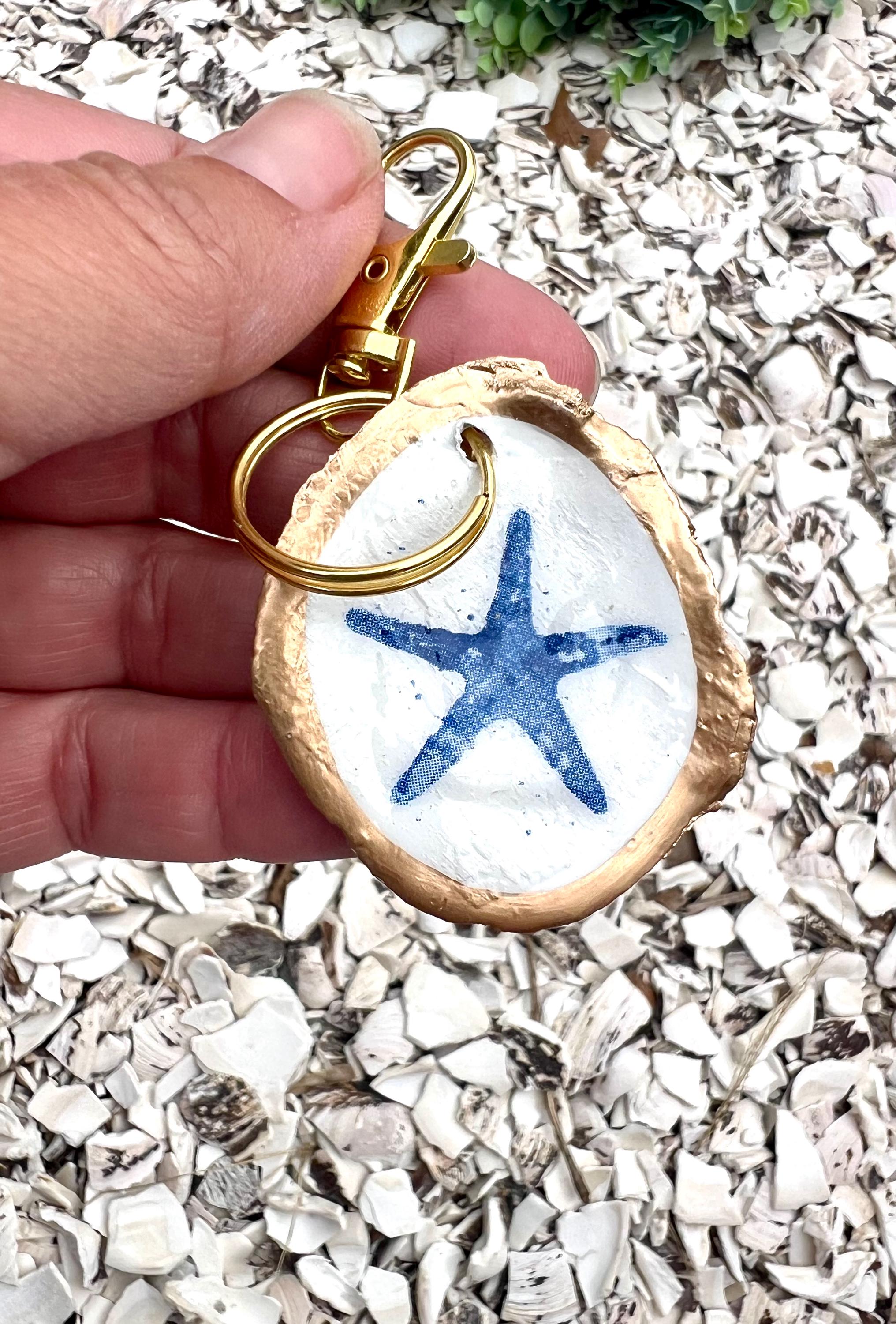 Handpainted Oyster Shell Keychain Bag Charm Coastal Nautical Key Ring, Gold Trim Shell Charm Beach Bachelorette Favor Preppy Ocean Accessory