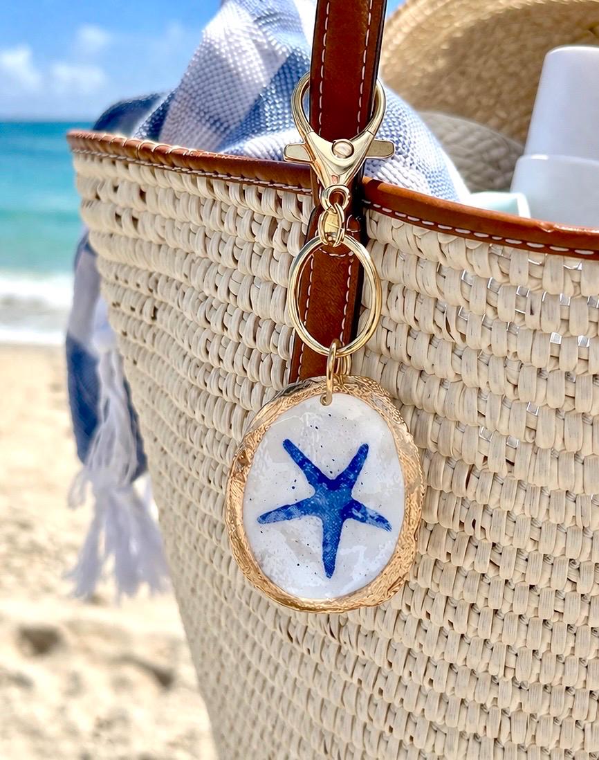 Handpainted Oyster Shell Keychain Bag Charm Coastal Nautical Key Ring, Gold Trim Shell Charm Beach Bachelorette Favor Preppy Ocean Accessory