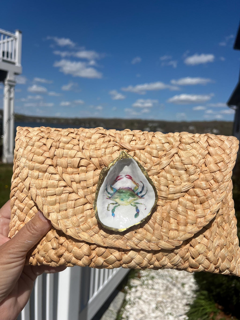 Coastal Mahjong Oyster Shell Straw Clutch Purse Handcrafted Beach Chic Raffia Envelope Bag with Decoupage Oyster Shell & Mahjong Tile
