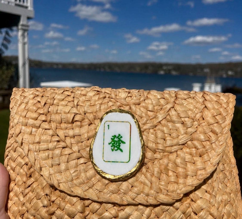 Coastal Mahjong Oyster Shell Straw Clutch Purse Handcrafted Beach Chic Raffia Envelope Bag with Decoupage Oyster Shell & Mahjong Tile