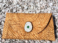 Coastal Mahjong Oyster Shell Straw Clutch Purse Handcrafted Beach Chic Raffia Envelope Bag with Decoupage Oyster Shell & Mahjong Tile