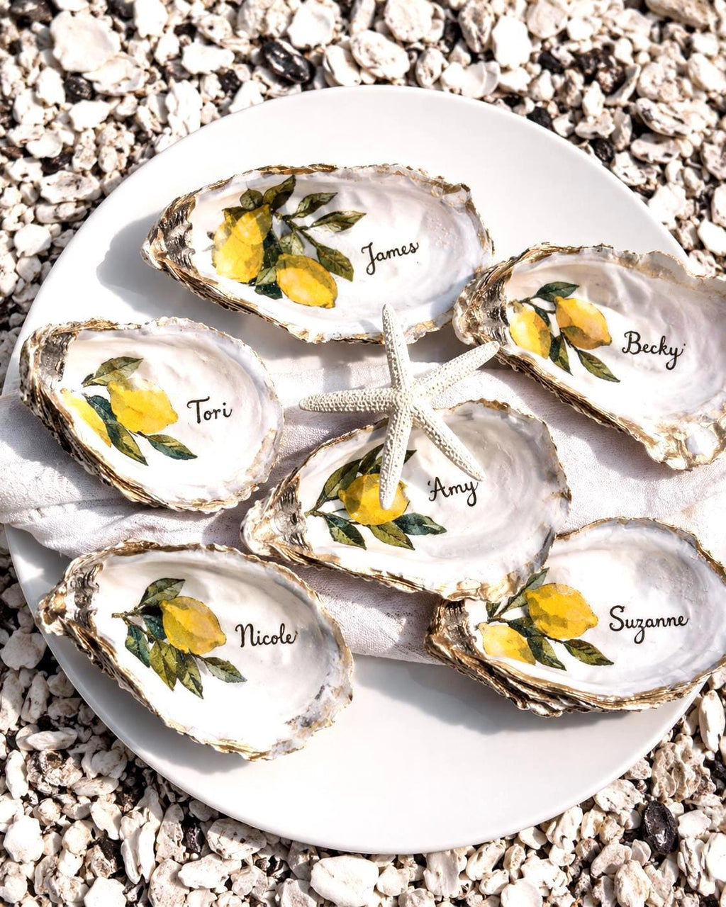Personalized Lemon Oyster Shell Place Card Coastal Wedding Favor Lemon Bridal Shower Place Setting Custom Name Shell Dish Italy Party Decor