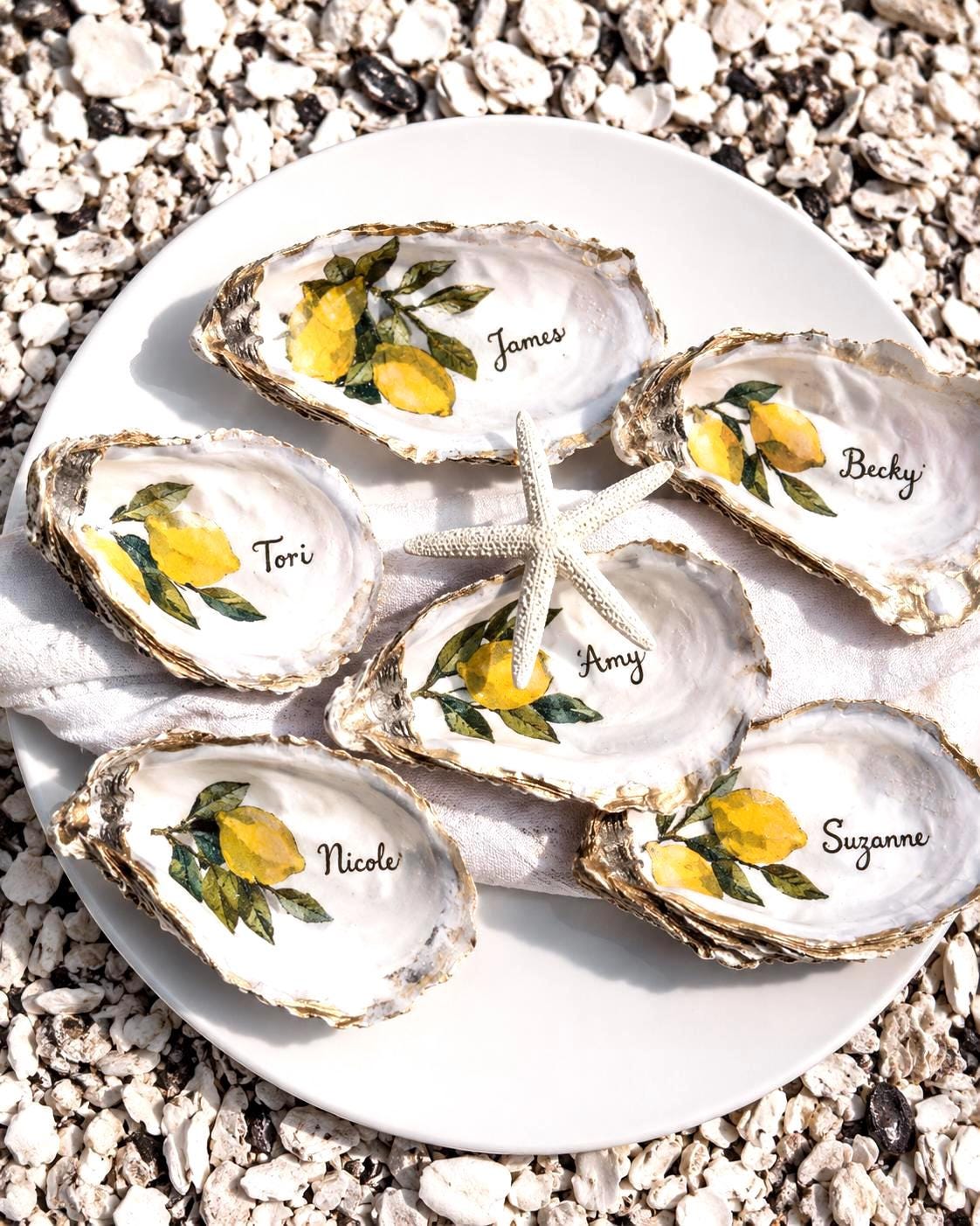 Personalized Lemon Oyster Shell Place Card Coastal Wedding Favor Lemon Bridal Shower Place Setting Custom Name Shell Dish Italy Party Decor
