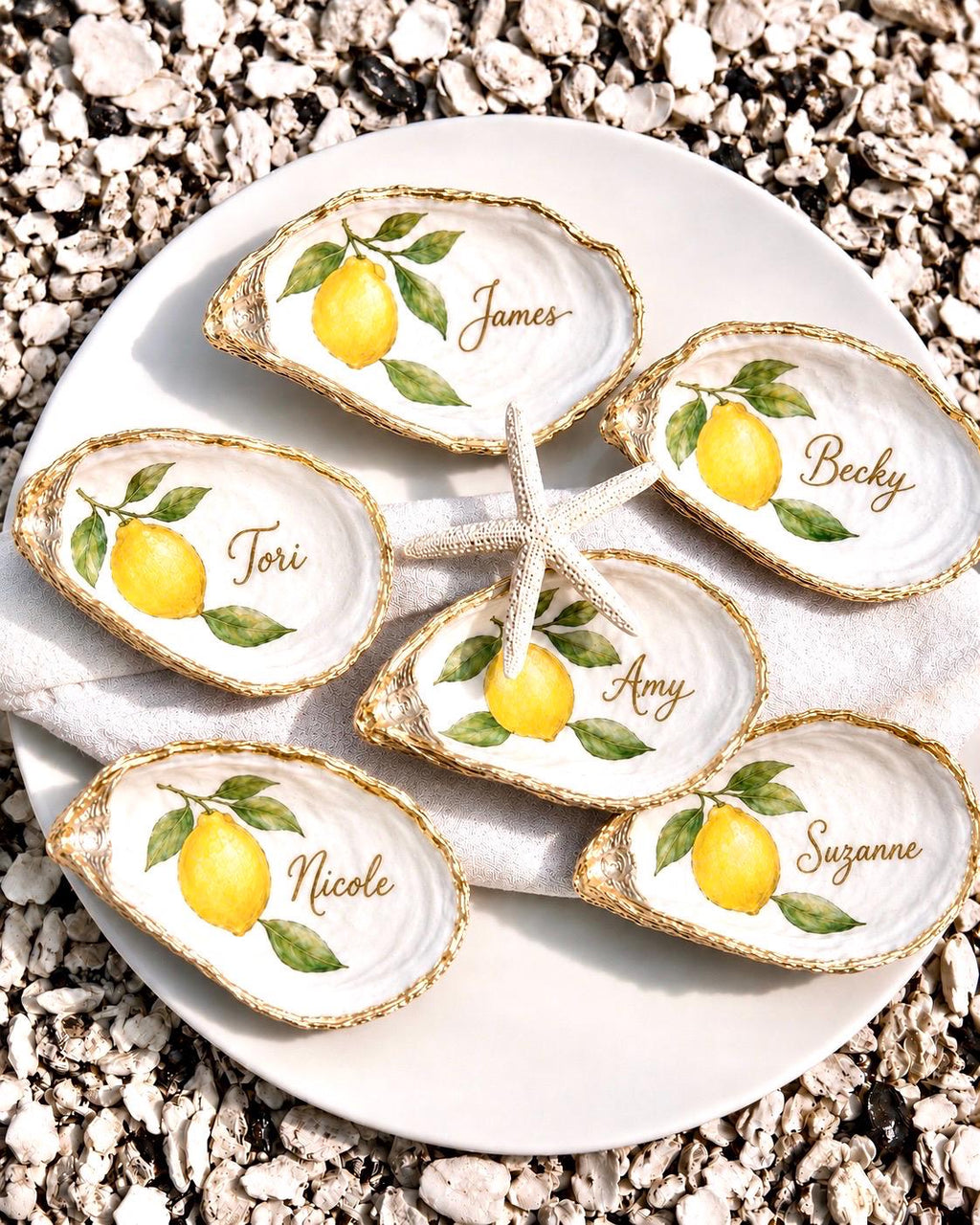 Amalfi Coast Lemon Oyster Shell Place Cards | Capri Coastal Wedding Decor | Mediterranean Table Setting | Italian Summer Party Escort Cards