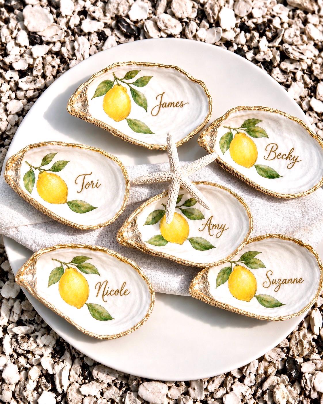 Amalfi Coast Lemon Oyster Shell Place Cards | Capri Coastal Wedding Decor | Mediterranean Table Setting | Italian Summer Party Escort Cards