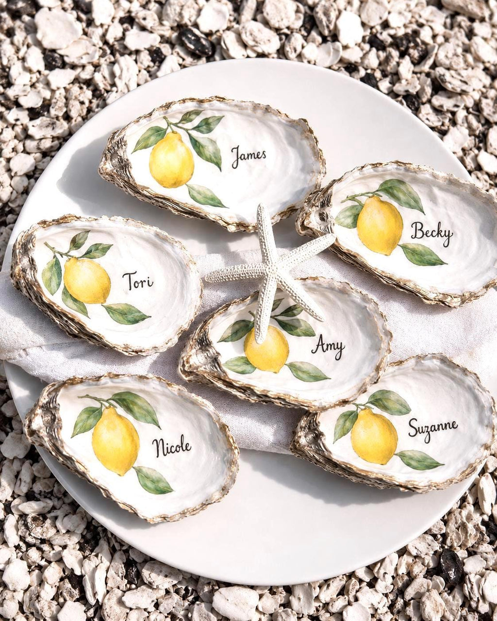 Amalfi Coast Lemon Oyster Shell Place Cards | Capri Coastal Wedding Decor | Mediterranean Table Setting | Italian Summer Party Escort Cards