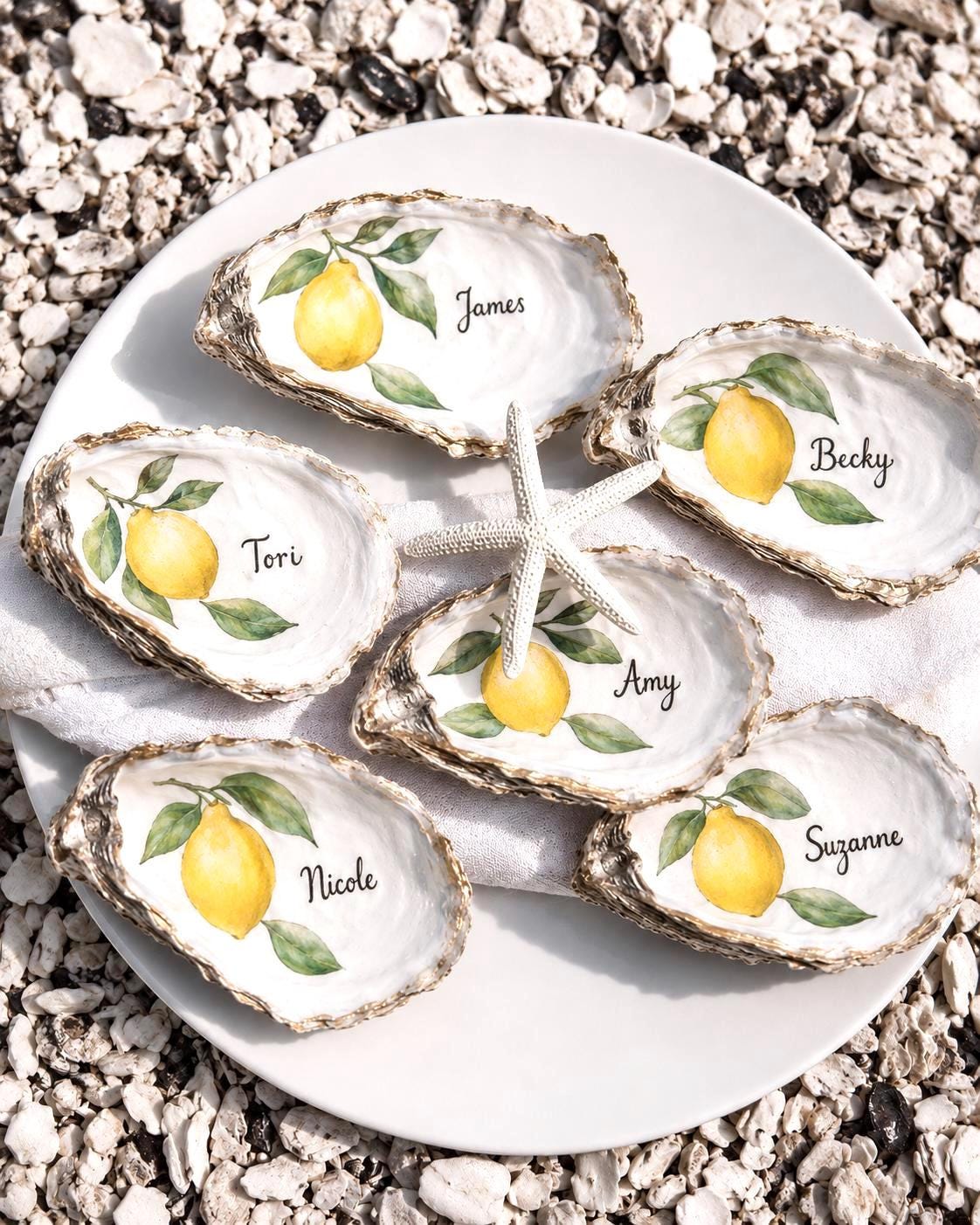 Personalized Lemon Oyster Shell Place Card Coastal Wedding Favor Lemon Bridal Shower Place Setting Custom Name Shell Dish Italy Party Decor