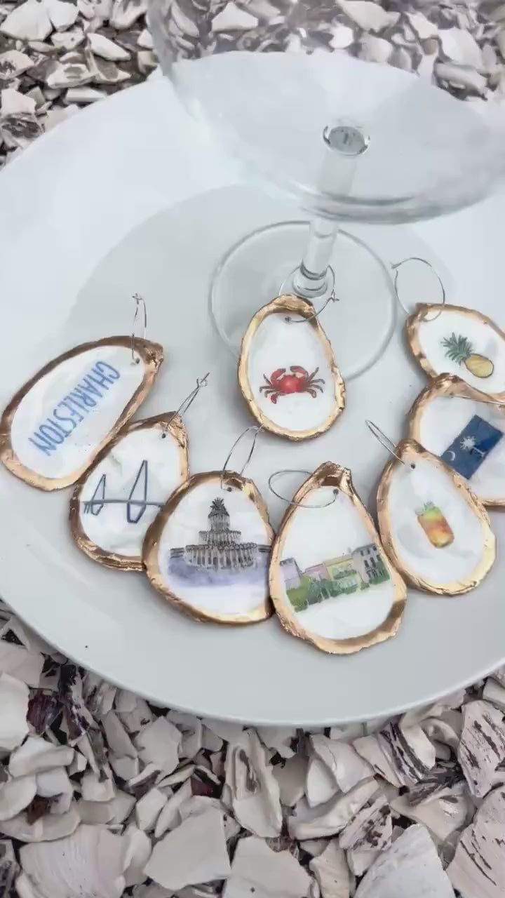 Charleston Coastal Oyster Shell Wine Charms - Elegant Gold Rim Wine Glass Markers Southern Charm Decor for Charleston Event or Bachelorette