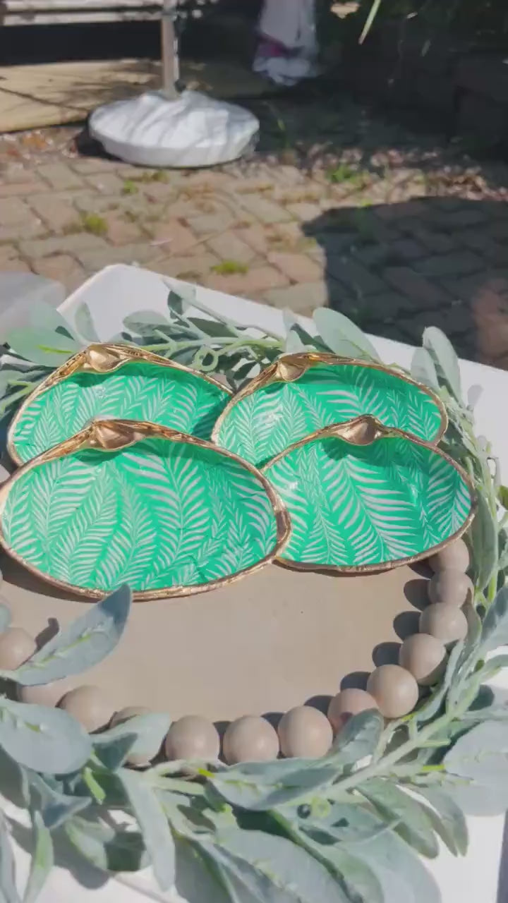 GREEN & WHITE tropical shell ring dish bridal shower favor. Hand painted shell wedding coastal favor. SAGE green bridesmaid proposal favor