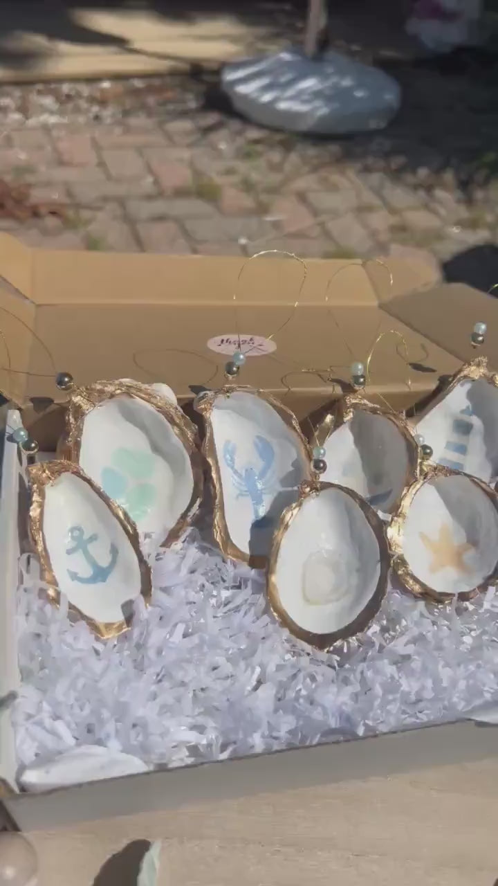 Coastal coquette Oyster Ornament set. Fisherman chic decor East Coast summer ornament. Nantucket summer Oyster shell Christmas ornament set.
