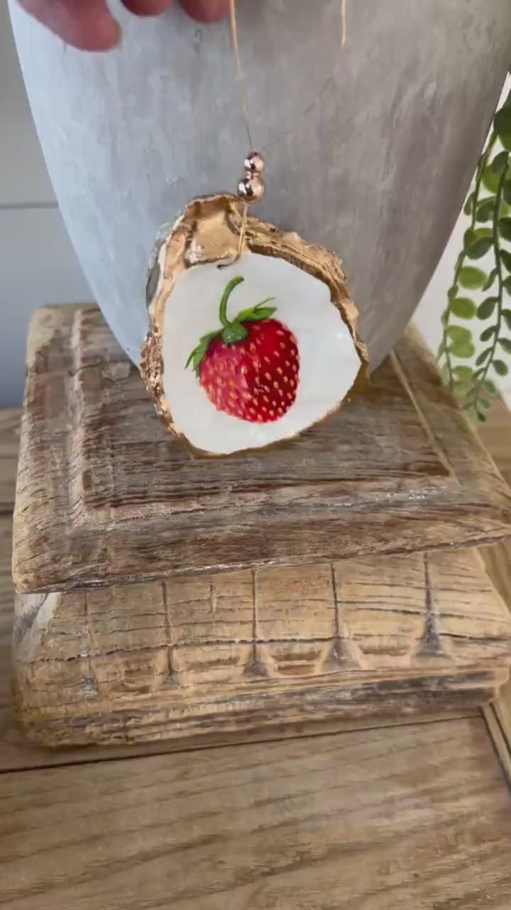 Strawberry Oyster shell Ornament. Strawberry Christmas ornament. Strawberry baby shower favor. Berry first birthday party favor. Berry favor