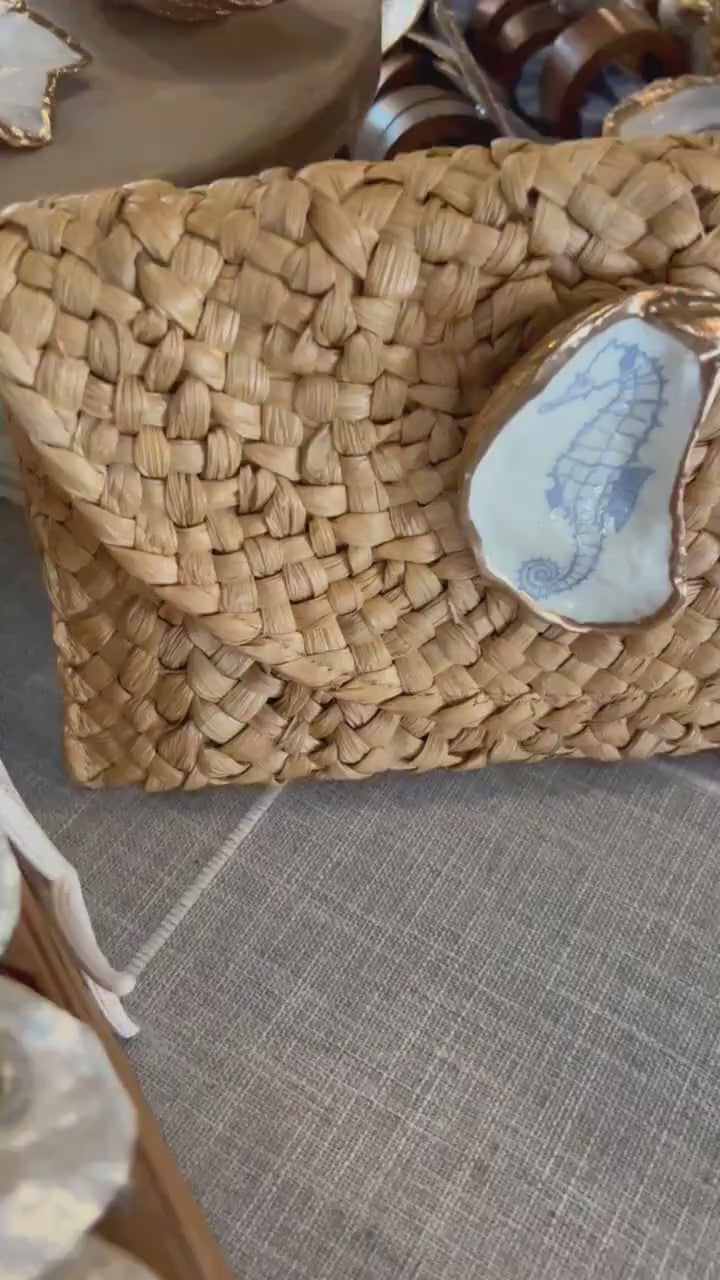 Coastal Mahjong Oyster Shell Straw Clutch Purse Handcrafted Beach Chic Raffia Envelope Bag with Decoupage Oyster Shell & Mahjong Tile